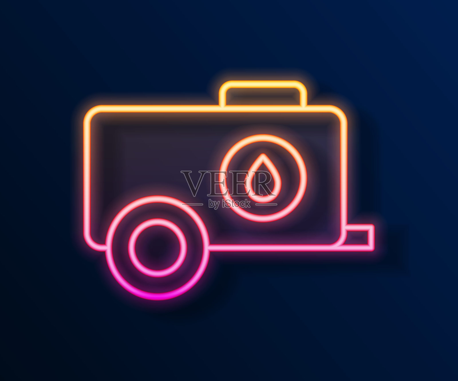 发光的霓虹灯线移动水箱- bowser图标孤立的黑色背景。水箱供水。向量插画图片素材