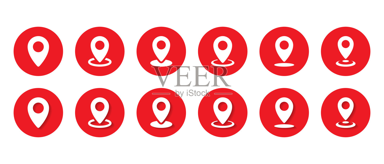 地图引脚位置图标集收集在红圈。平面式地址位置符号插画图片素材