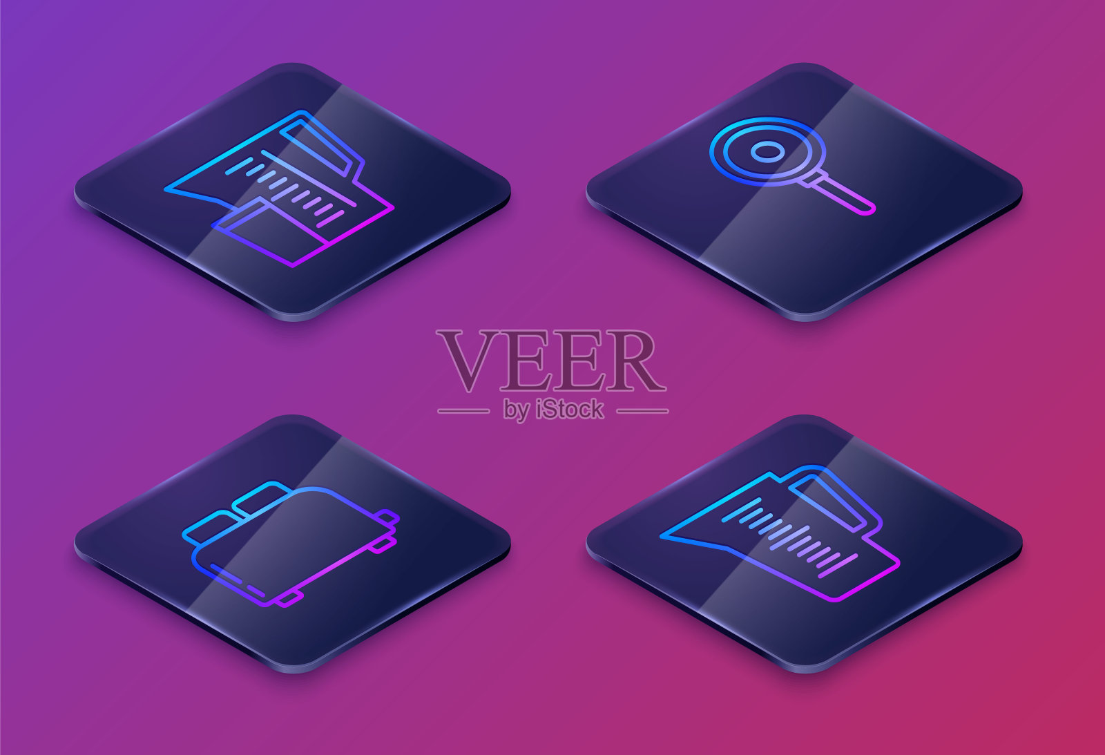 设置等距线量杯，烤面包机，煎锅和量杯。蓝色方形按钮。向量插画图片素材