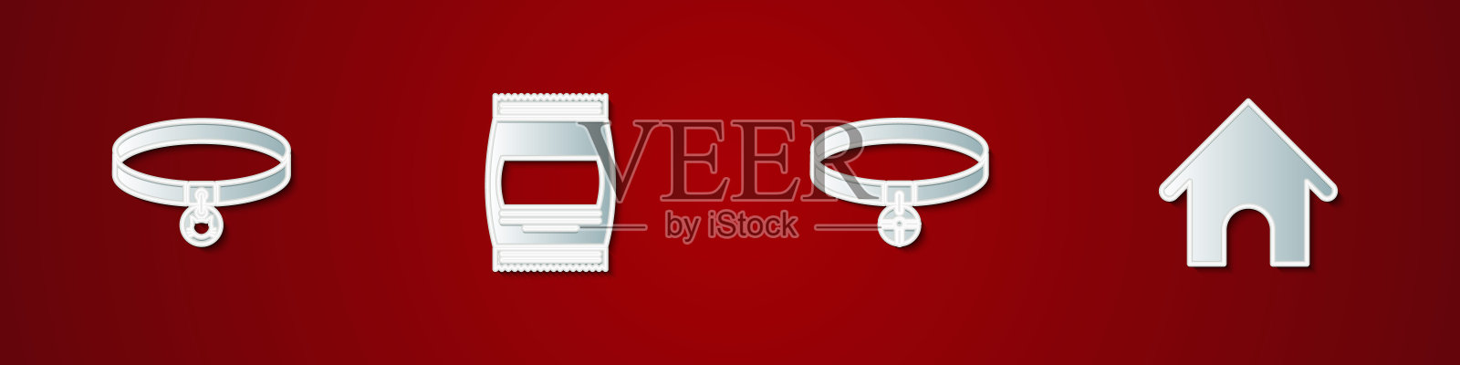 集猫项圈，袋的食物，项圈与名牌和狗屋图标。向量插画图片素材