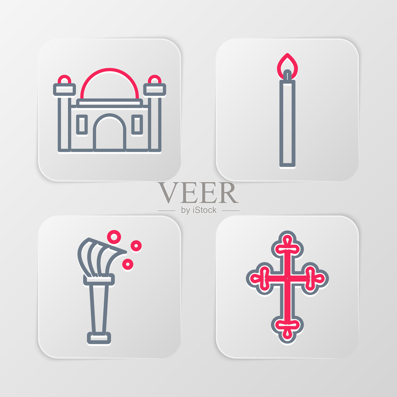 设置基督教十字架，曲霉，燃烧的蜡烛和穆斯林清真寺图标。向量插画图片素材