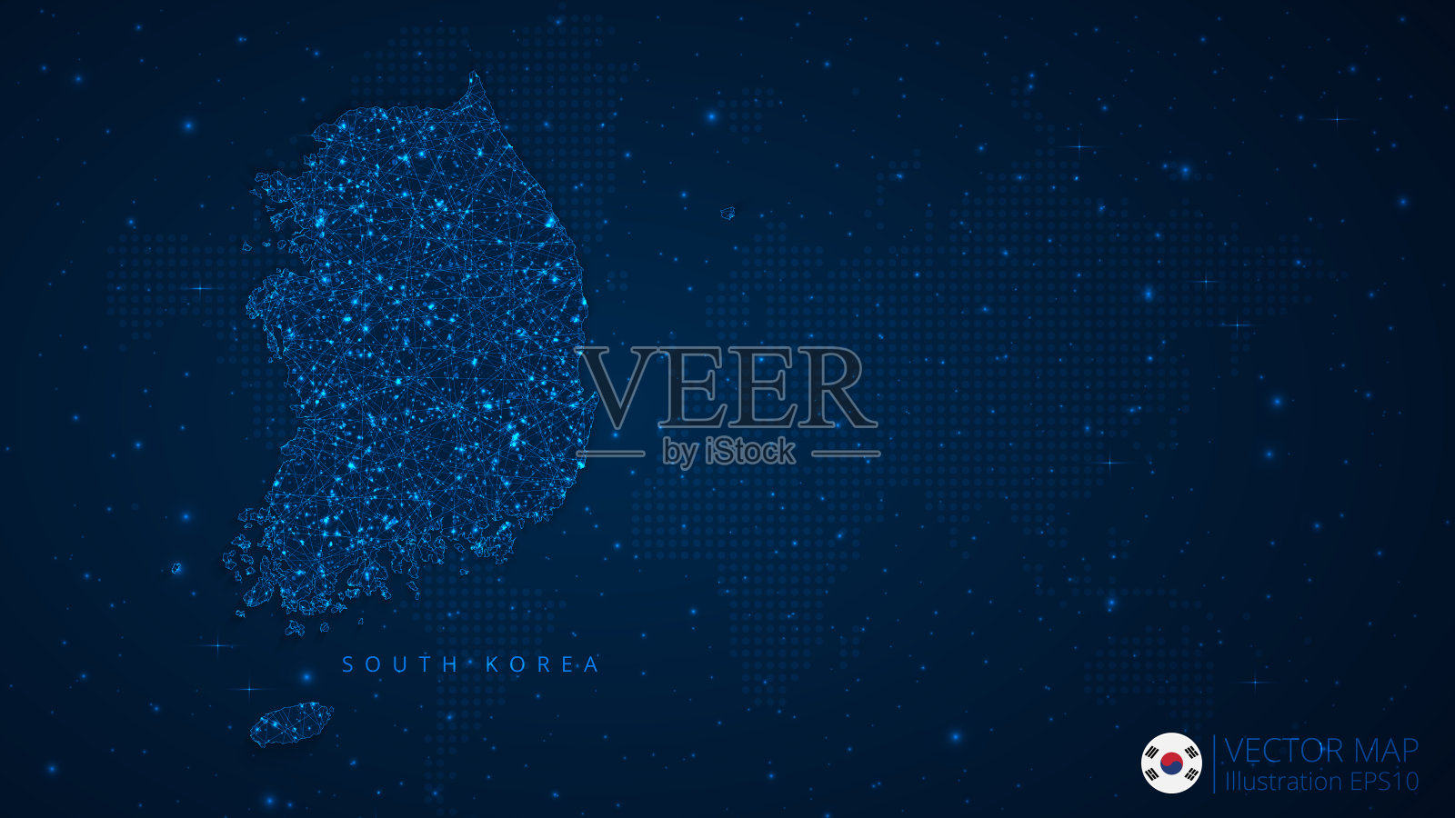 韩国地图现代设计与多边形形状在深蓝色的背景。业务线框网球飞碎片插画图片素材