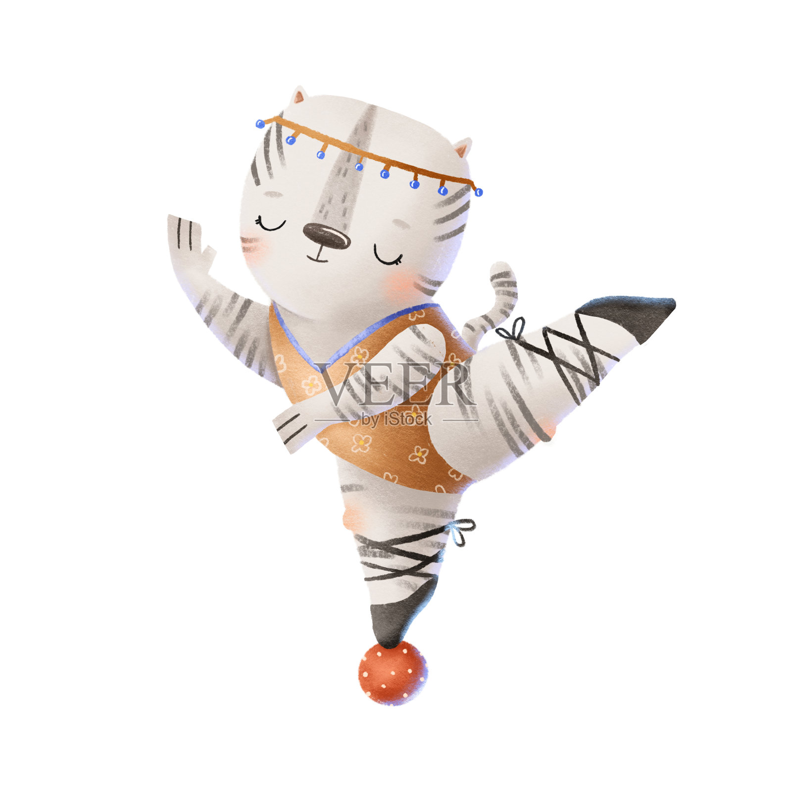 一只黑白相间的斑马，身穿橘黄色紧身衣，头戴发带，脚穿尖头鞋，单腿站在一个体操球上。芭蕾舞表演、马戏综艺表演。可爱幼稚的手绘插图插画图片素材