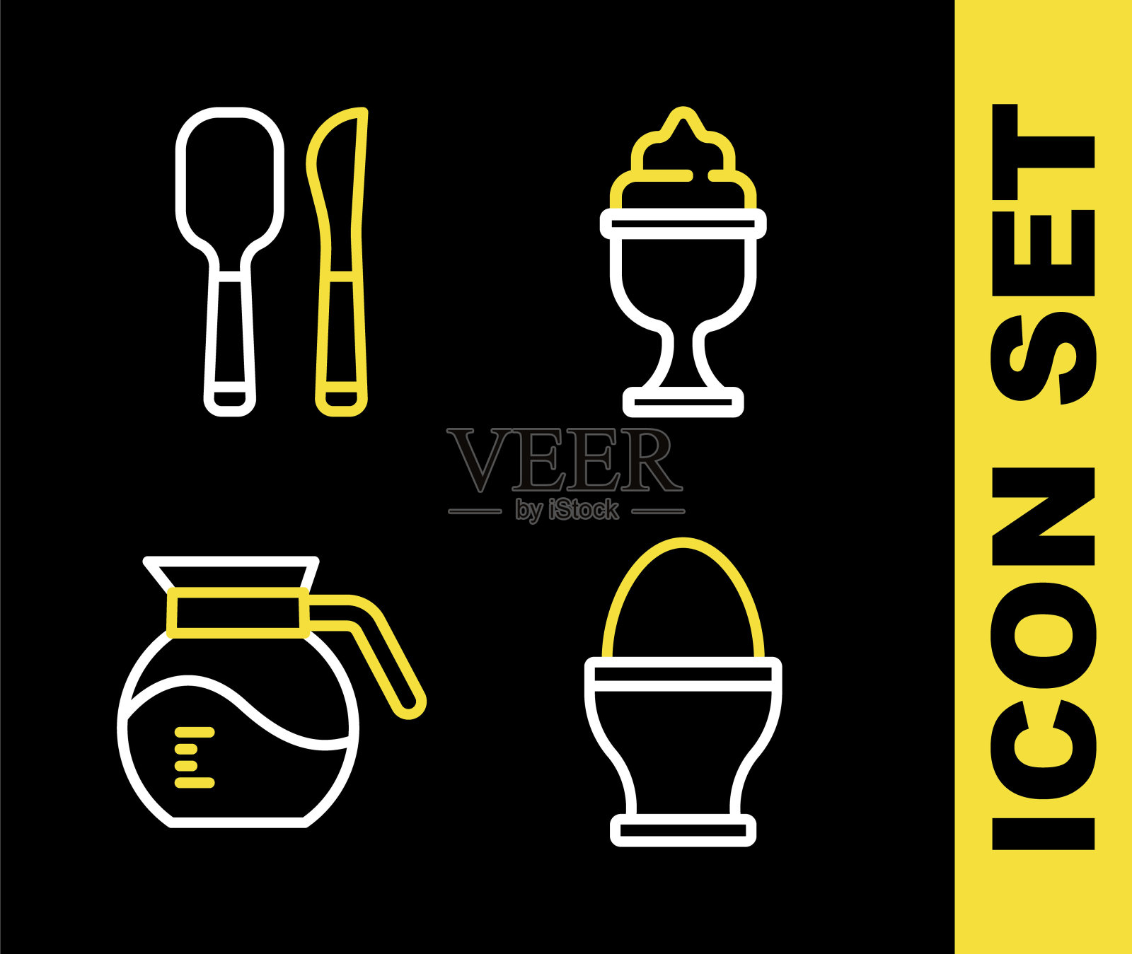 在碗里放冰淇淋，鸡蛋放在架子上，咖啡壶和刀勺图标。向量插画图片素材