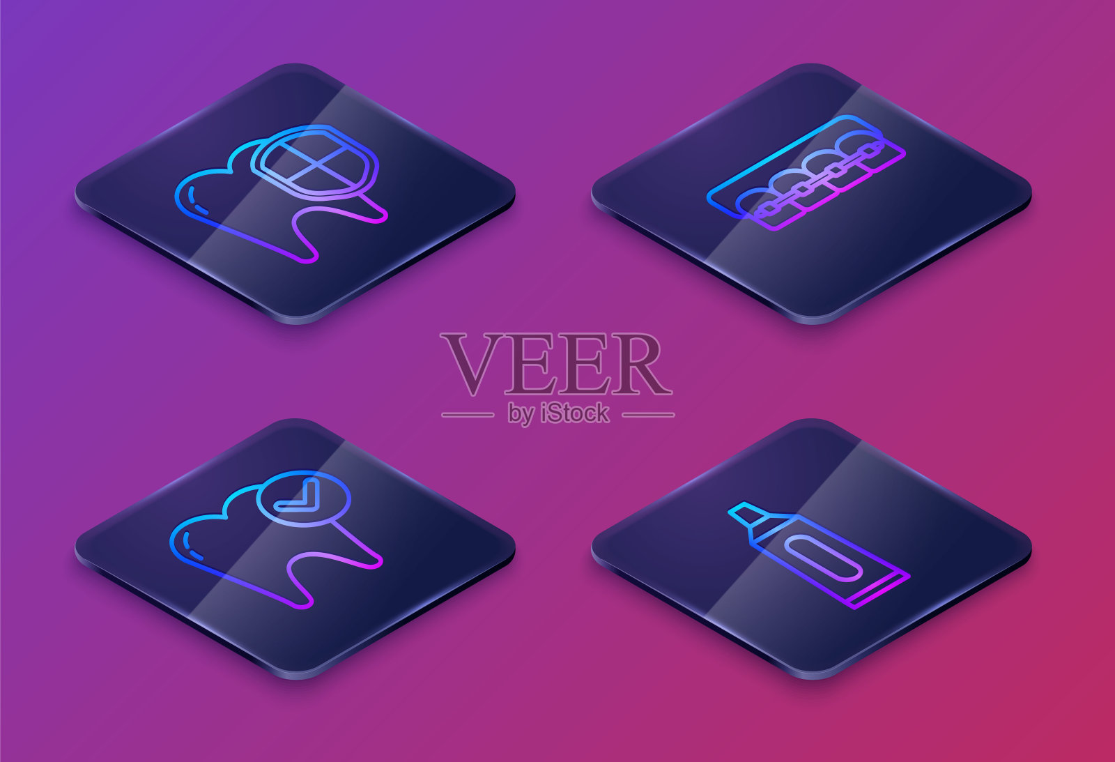 设置等距线牙齿保护，牙齿美白概念，牙齿与牙套和牙膏管。蓝色方形按钮。向量插画图片素材