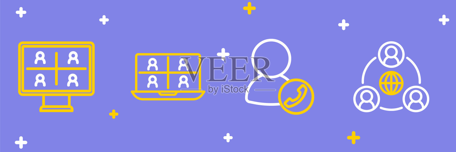 设置线路会议、视频聊天会议和图标。向量插画图片素材