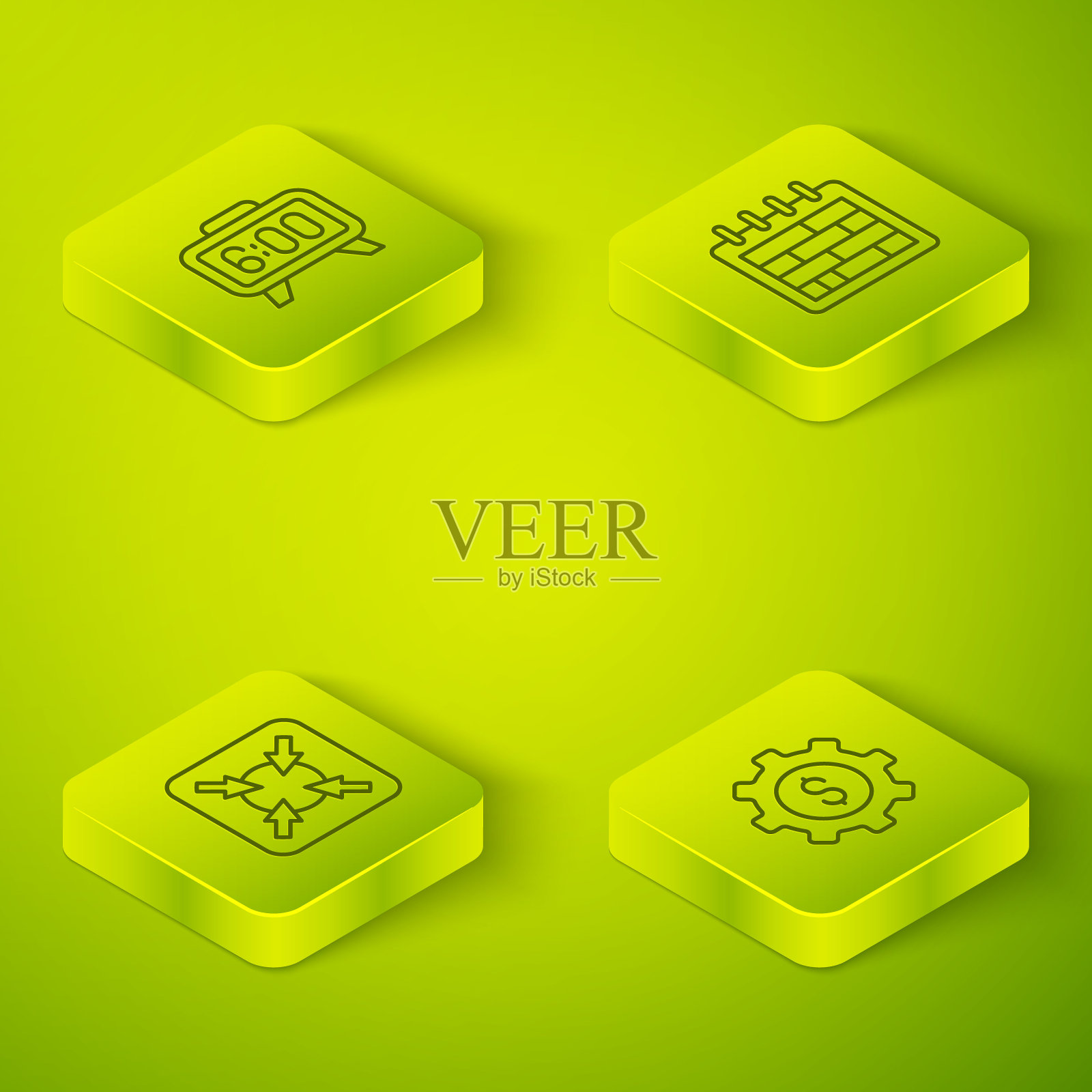 设置等距线日历，目标，齿轮与美元和数字闹钟图标。向量插画图片素材