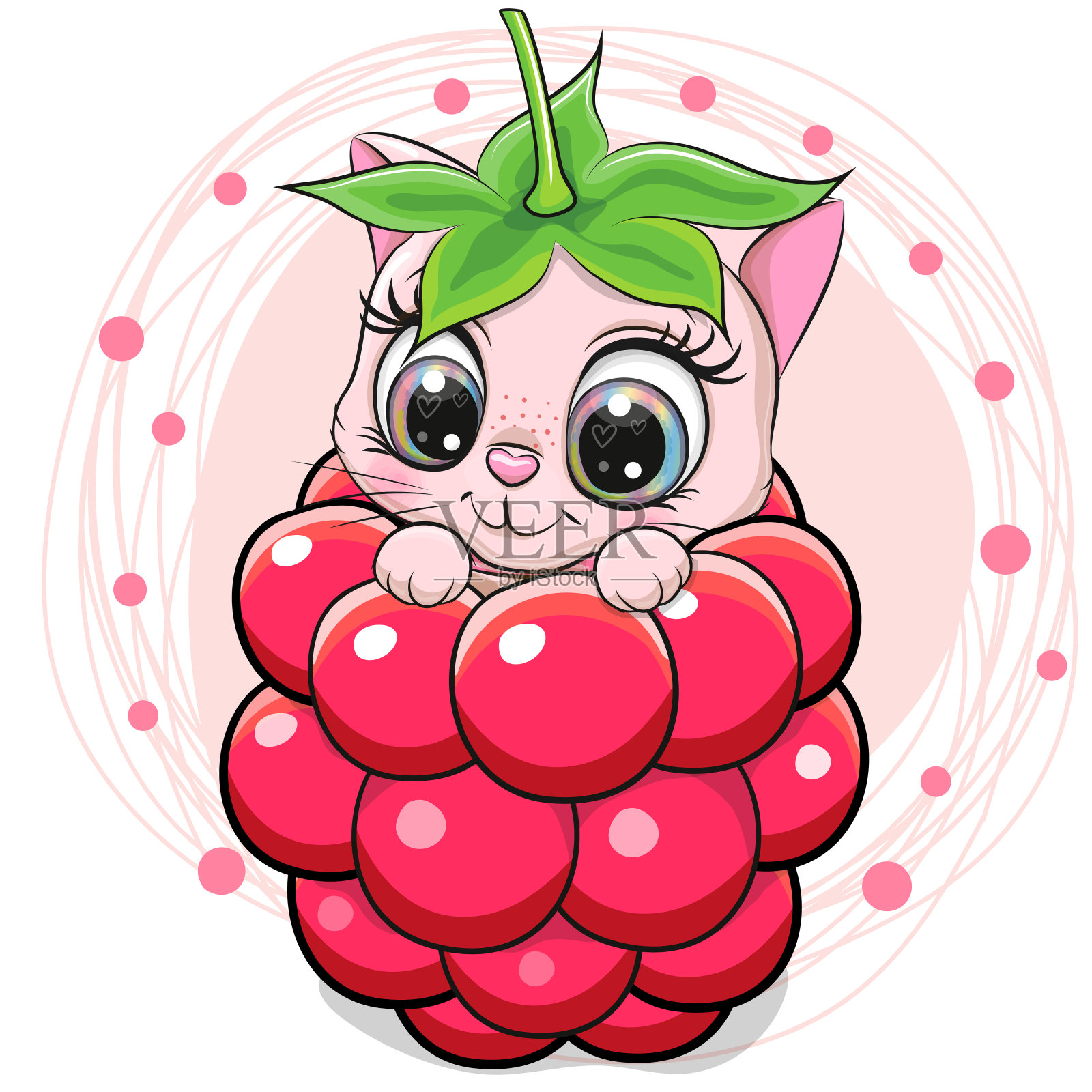 卡通小猫坐在树莓里插画图片素材