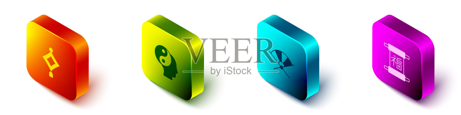 集等距中国纸灯笼，阴阳符号，传统扇子和新年图标。向量插画图片素材