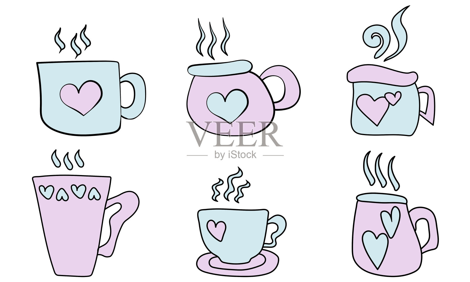一套可爱的杯子涂鸦风格与心，舒适的马克杯设计插画图片素材