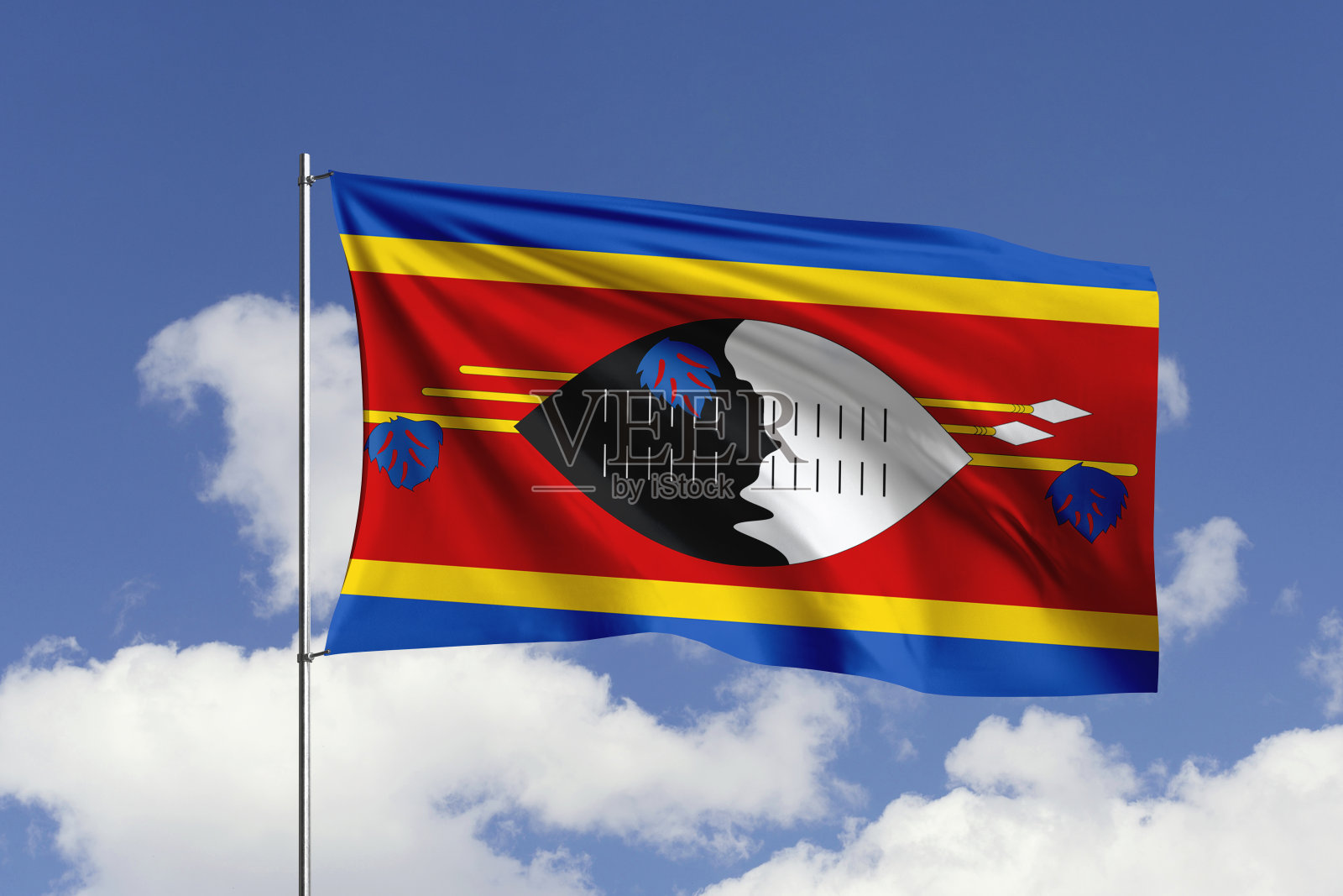 斯威士兰国旗迎风飘扬在天空。照片摄影图片