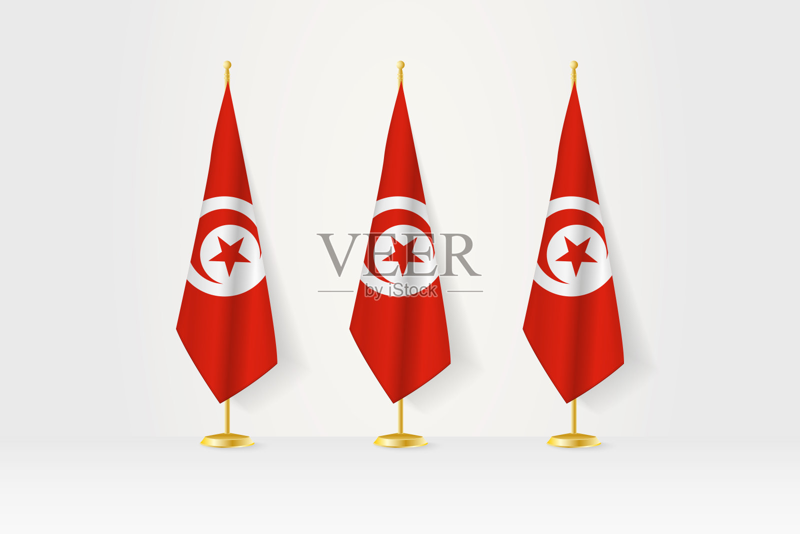 三面突尼斯国旗在金色的看台上排成一排，这是新闻发布会和其他会议的插图。插画图片素材