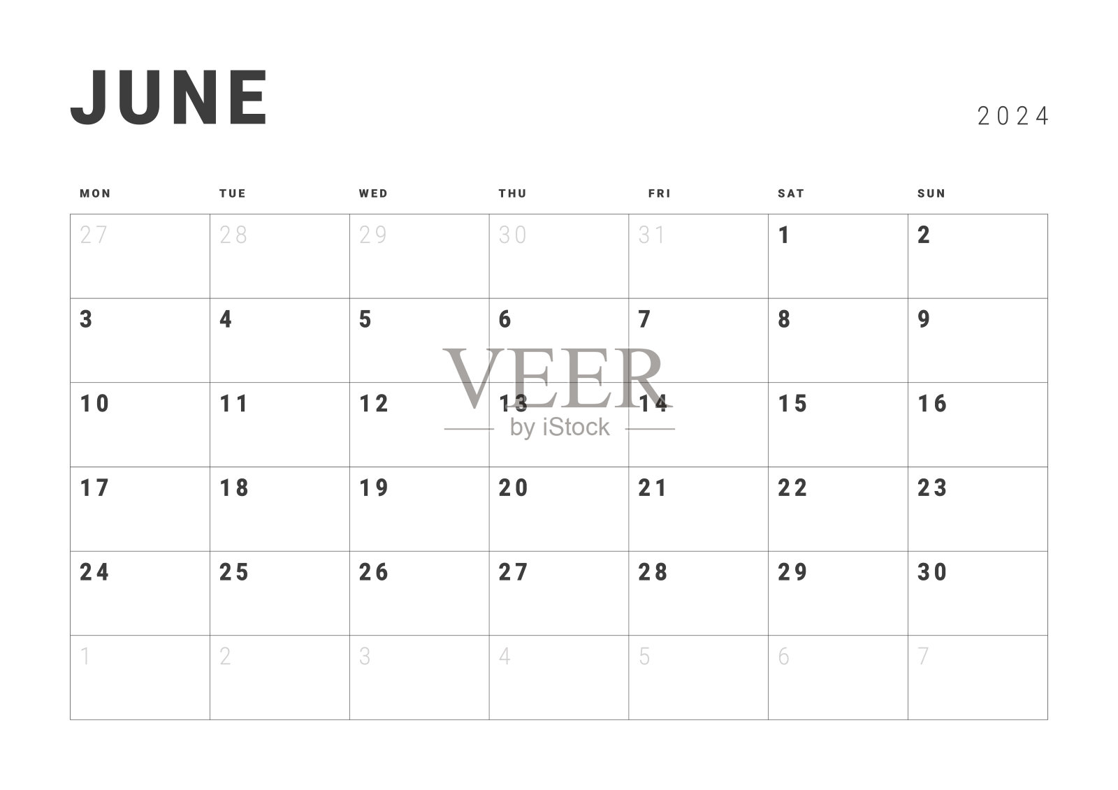 每月页面日历规划模板2024年6月。矢量布局的简单日历与周开始星期一打印。页码为A4或21x29.7公分插画图片素材