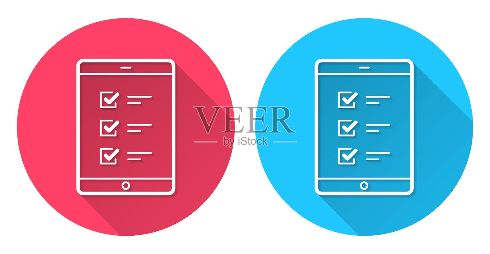 平板电脑与清单。圆形图标与长阴影在红色或蓝色的背景插画图片素材