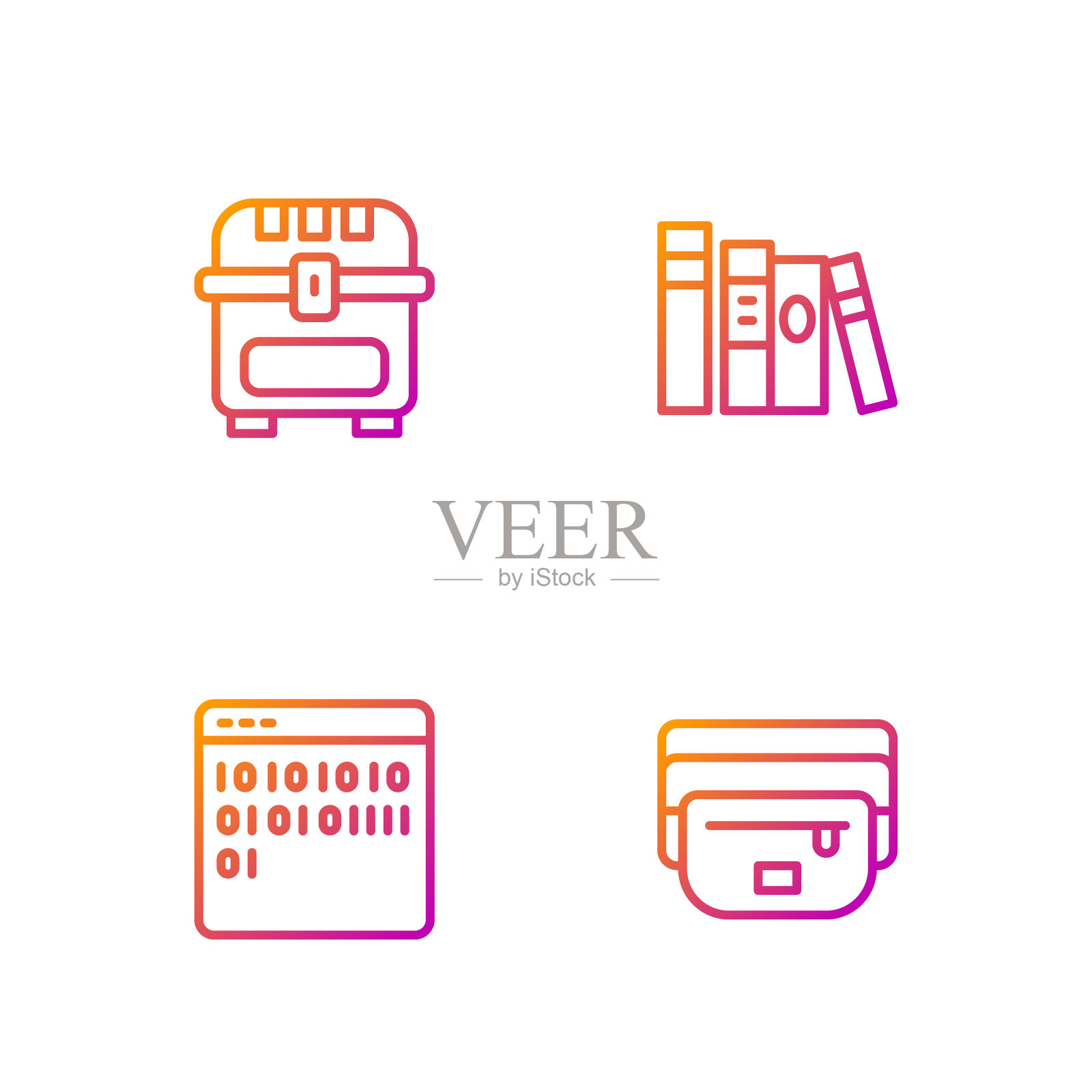 香蕉腰袋，二进制代码，古董宝箱和书。渐变颜色图标。向量插画图片素材