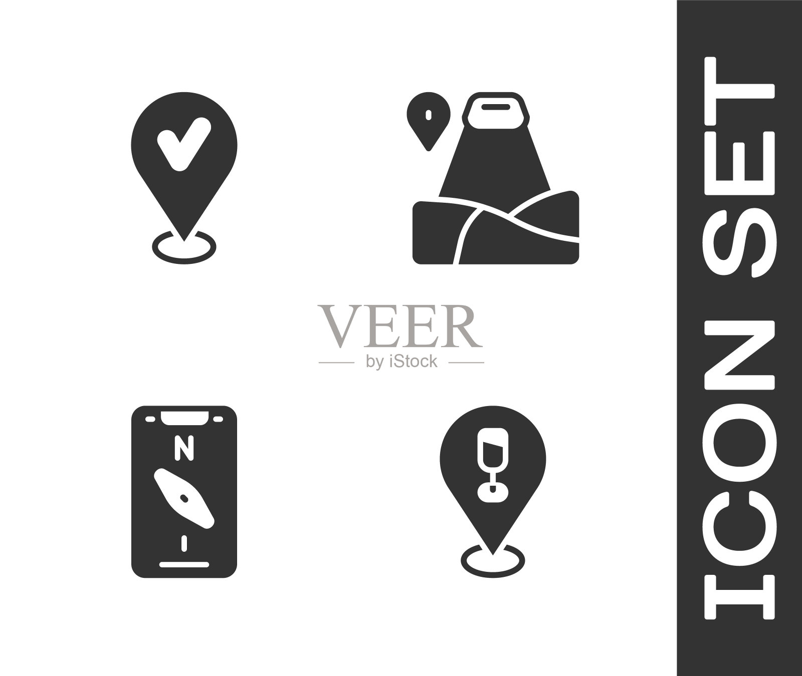 设置酒精或啤酒酒吧的位置，位置与复选标记，指南针移动和山的图标。向量插画图片素材