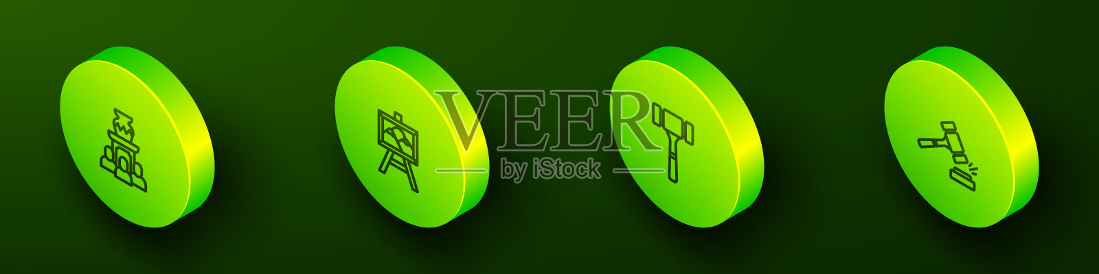 2.5D拍卖古代花瓶、绘画、锤子和图标矢量素材插画图片素材