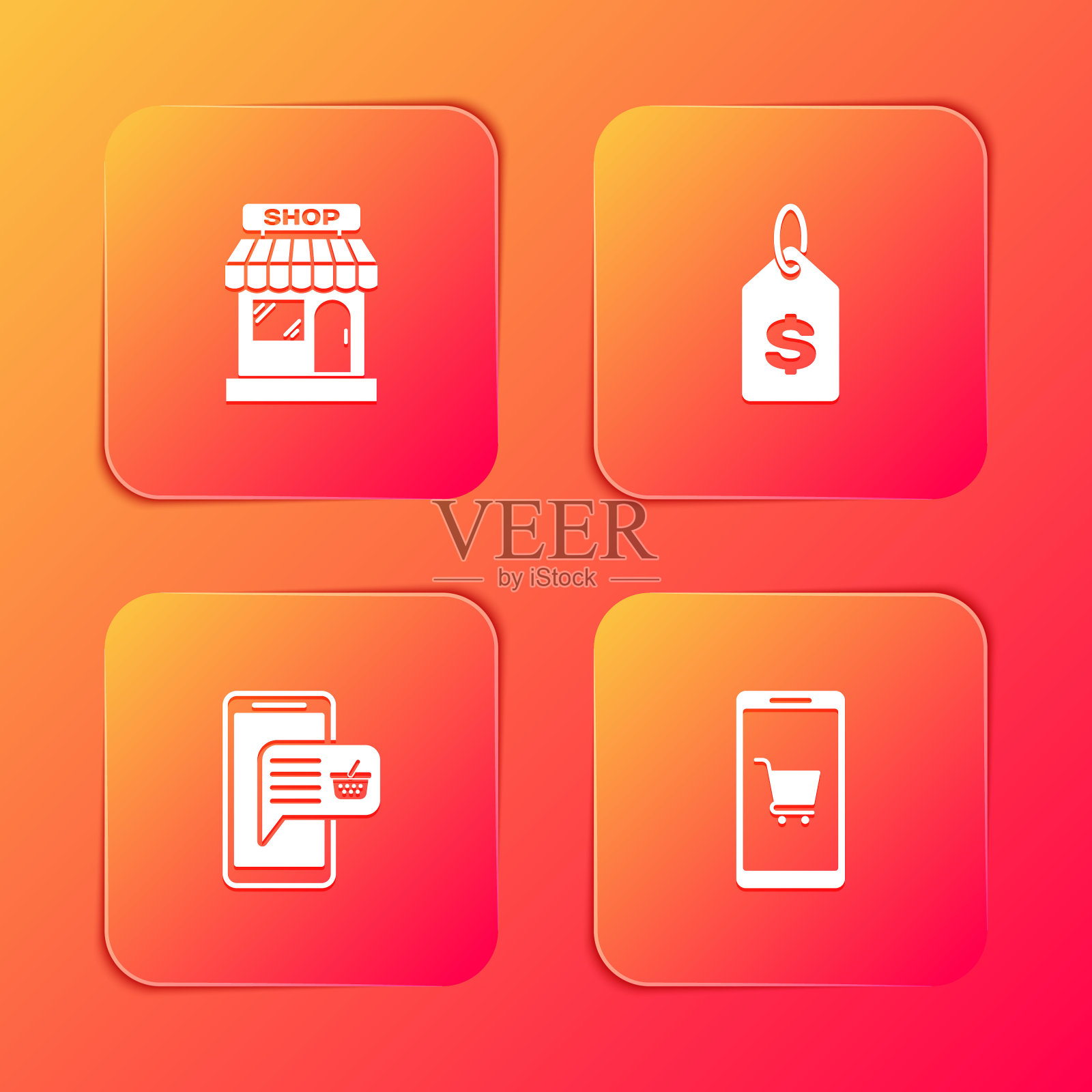 设置市场商店，价格标签与美元，移动和购物篮和购物车图标。向量插画图片素材