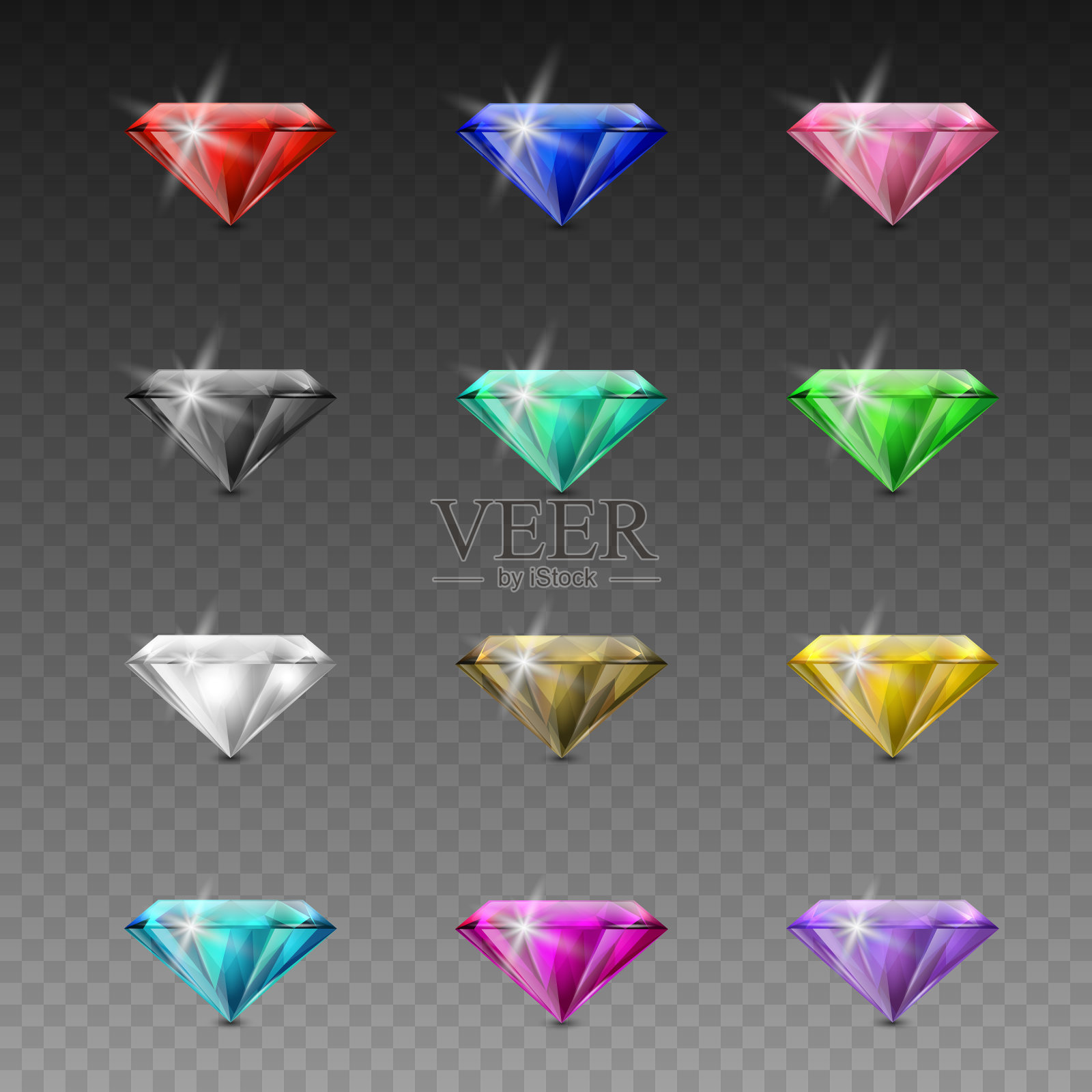 矢量3d逼真的彩色宝石图标集。彩色钻石，水晶，莱茵石特写孤立。Jewerly概念。设计模板的宝石，宝石剪贴画插画图片素材