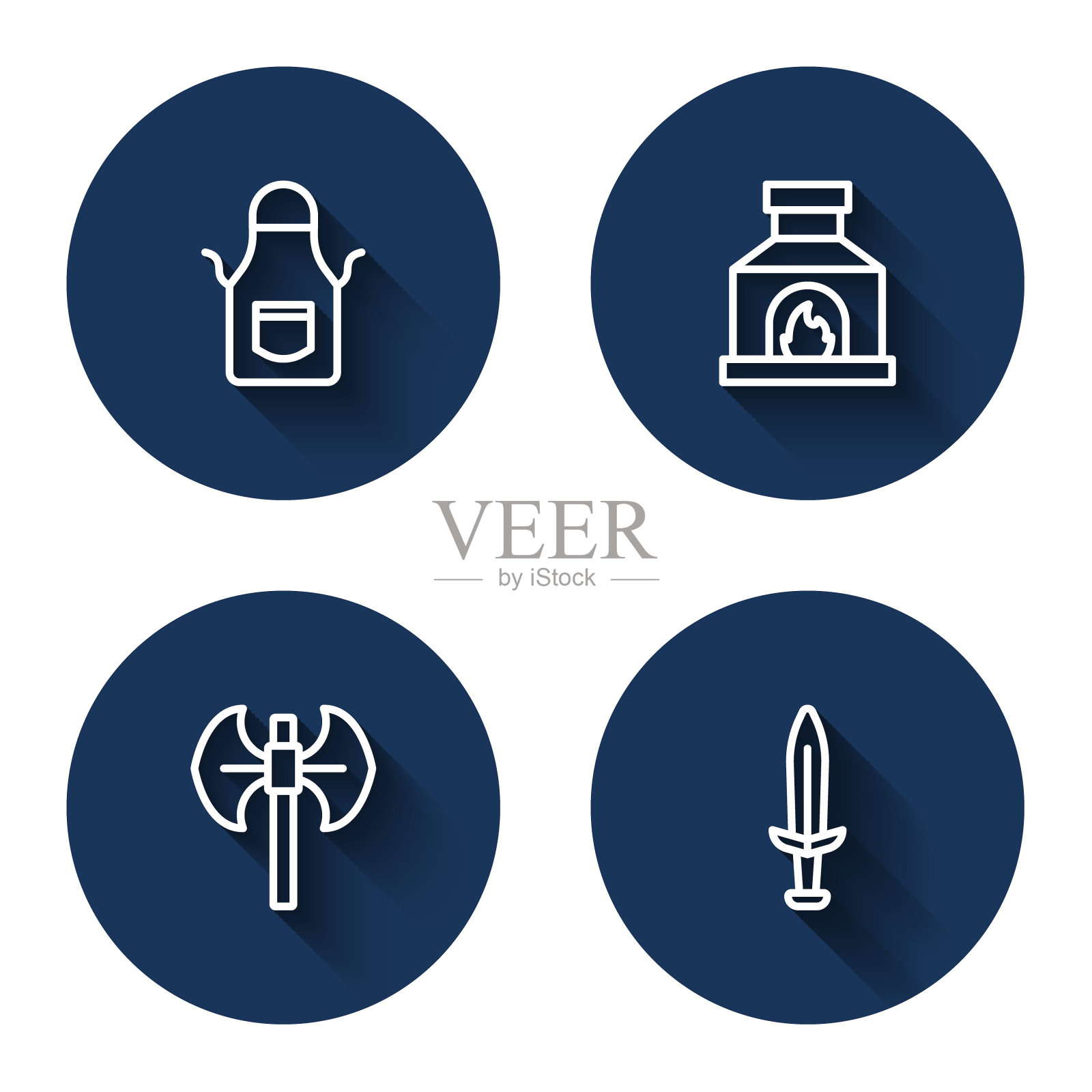 铁匠铺围裙，烤箱，中世纪长柄斧和长影剑。蓝色圆圈按钮。向量插画图片素材