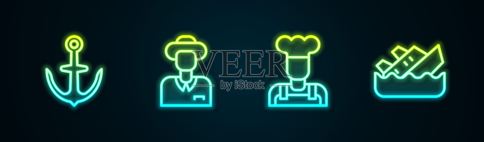 设锚，游客，库克和下沉游轮。发光的霓虹灯图标。向量插画图片素材