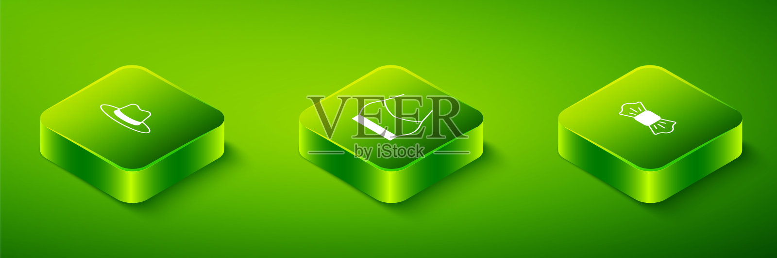 设定等距女性露脐上衣，领结和男子帽子图标。向量插画图片素材