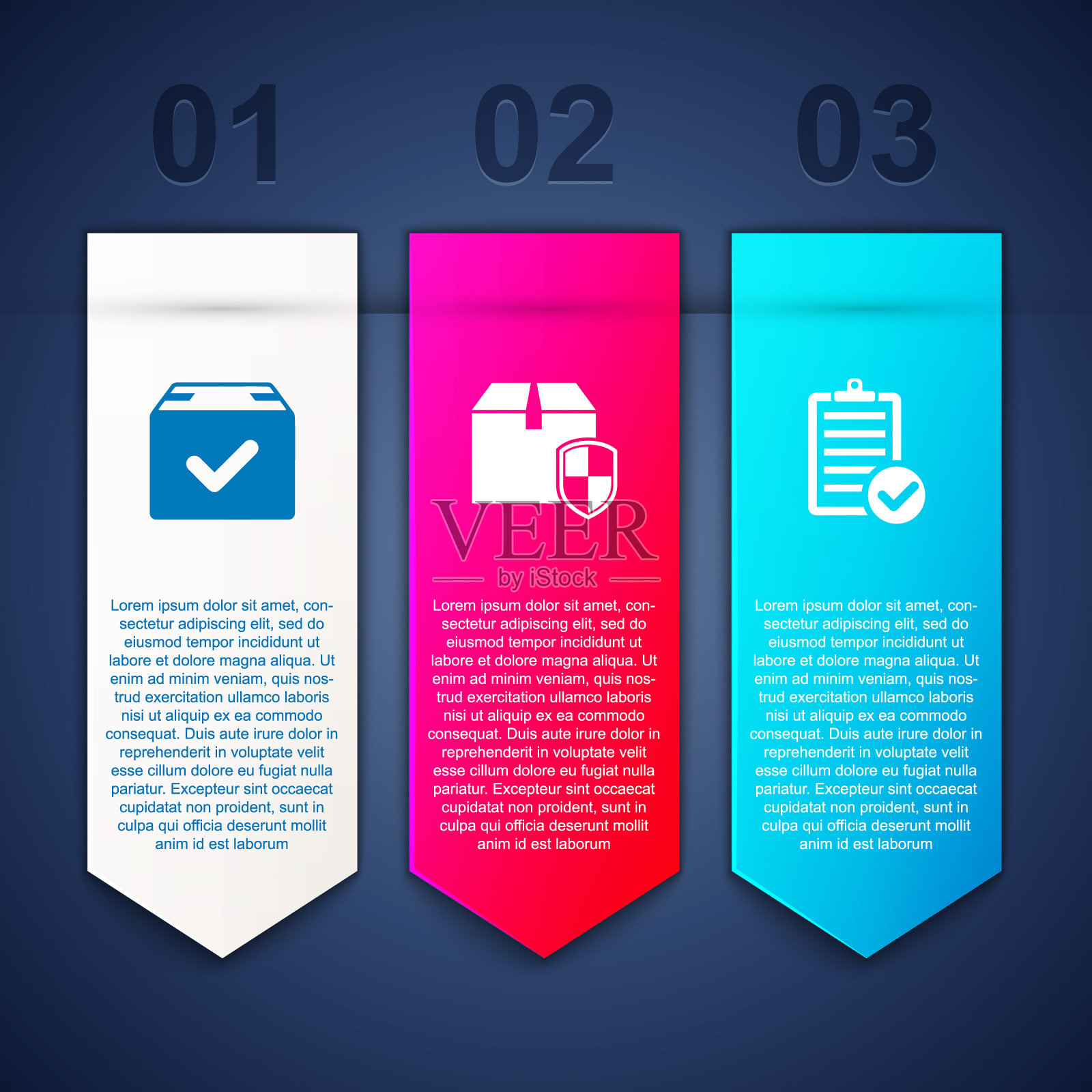 设置带复选标记的包装盒、发货安全屏蔽和发货清单验证。业务信息图表模板。向量插画图片素材