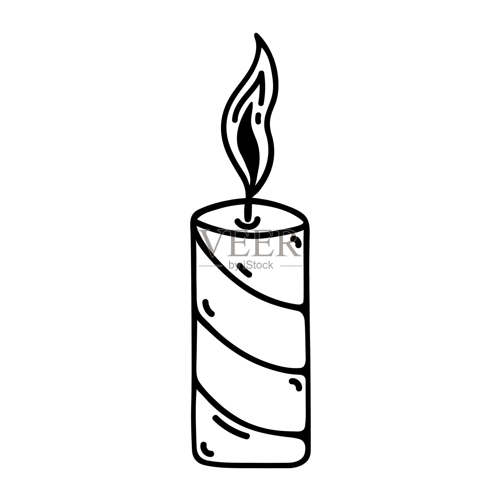 燃烧的蜡蜡烛矢量图标。条纹细烛适用于教堂婚礼、结婚、节日。手绘涂鸦，黑色的轮廓孤立在白色。剪贴画印刷，海报，卡片插画图片素材