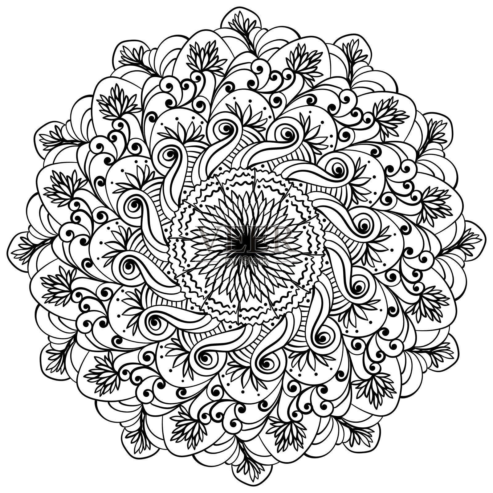 曼陀罗与莲花，轮廓的创意着色页插画图片素材