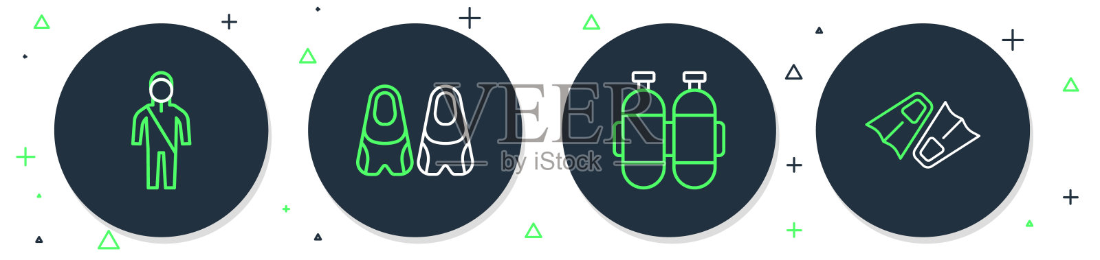 设置线鳍游泳，水肺潜水，潜水服和图标。向量插画图片素材