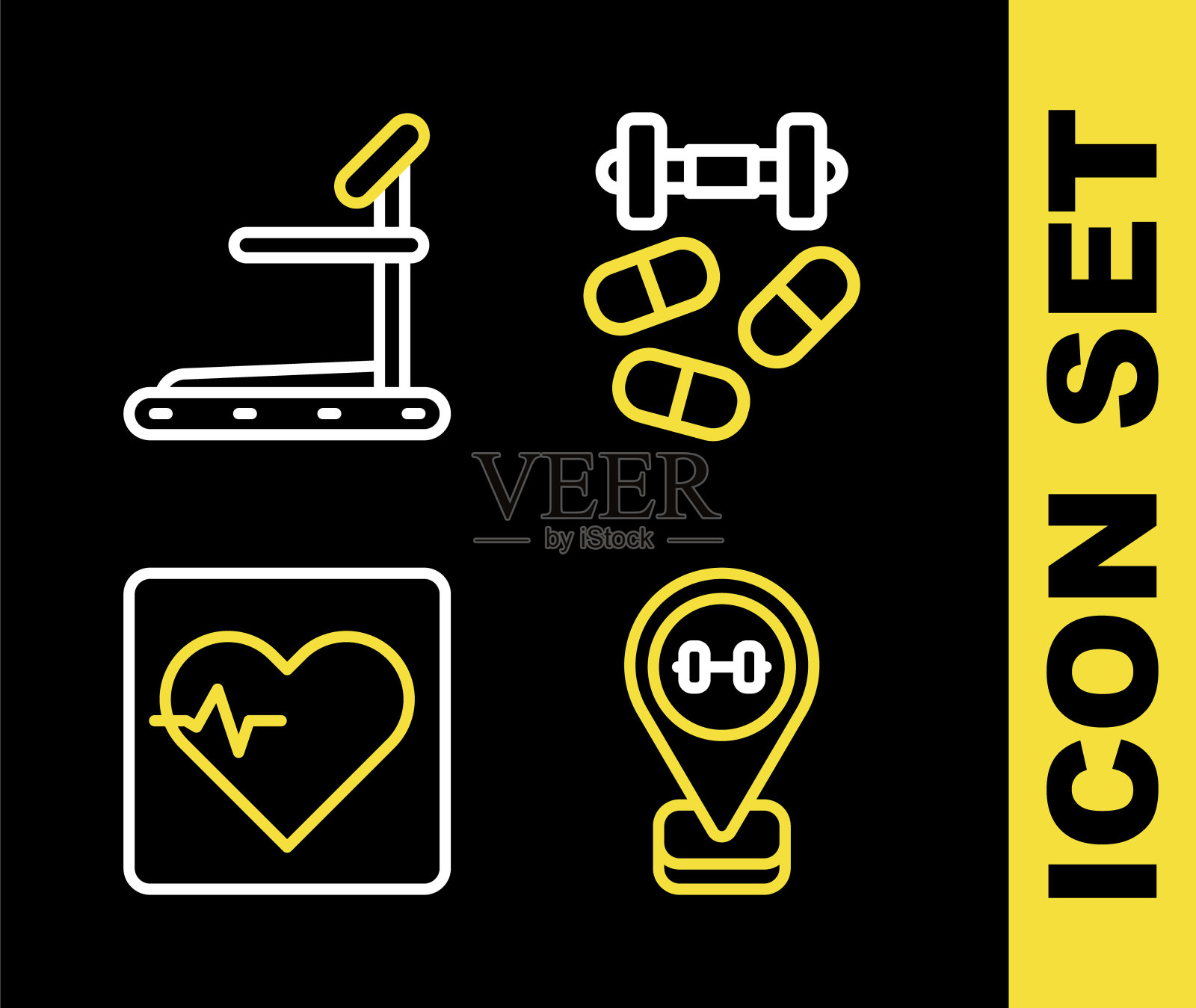 设置线运动兴奋剂哑铃，位置健身房，心率和跑步机图标。向量插画图片素材