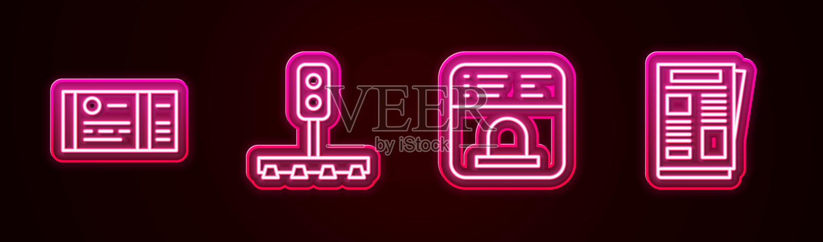 设置线路火车票、交通灯、售票处购票及新闻。发光的霓虹灯图标。向量插画图片素材