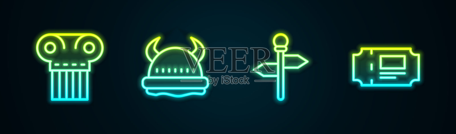 设置线路古柱，海盗在角盔，道路交通路标和博物馆门票。发光的霓虹灯图标。向量插画图片素材