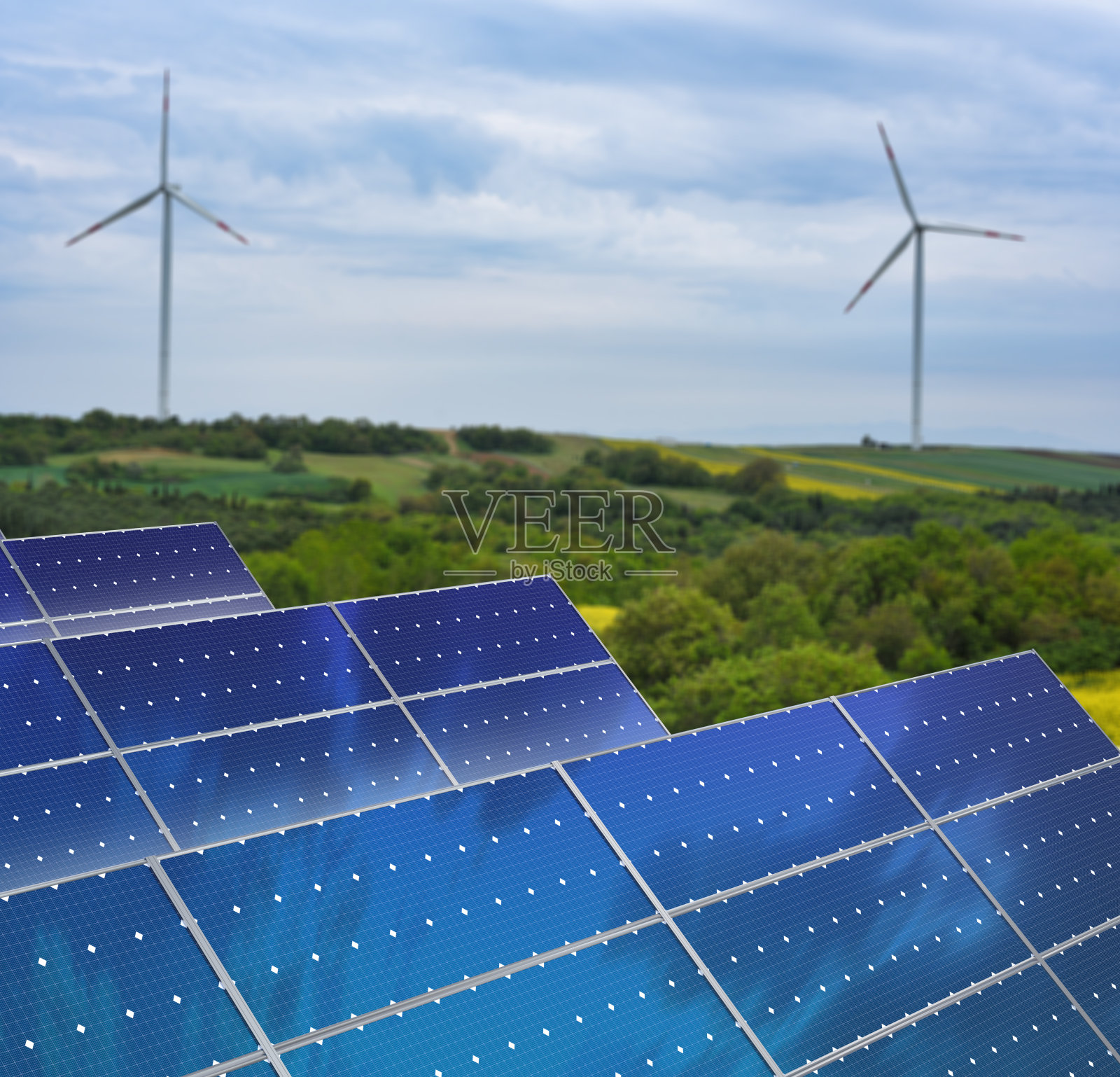 太阳能电池板和风力涡轮机照片摄影图片