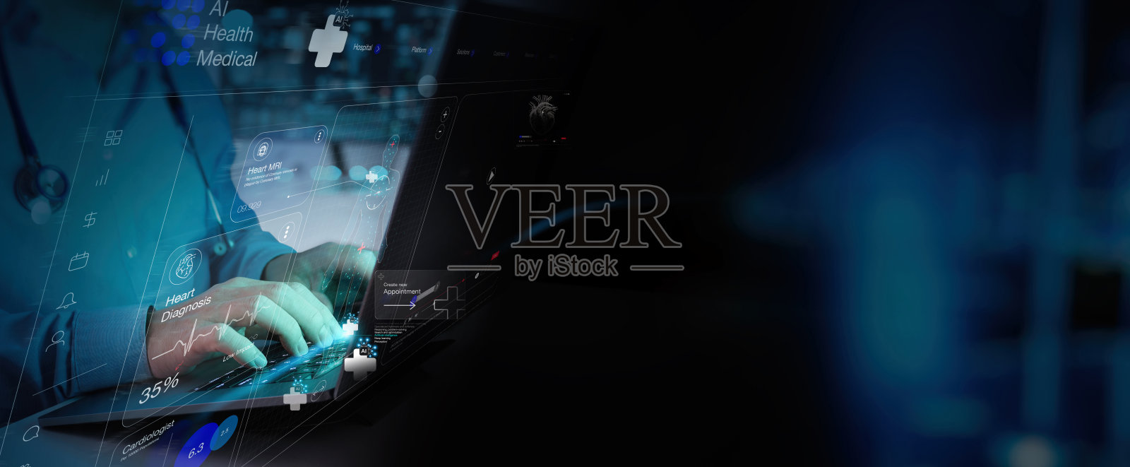 未来医生将使用计算机人工智能机器人进行诊断、预约、护理，并提高患者治疗的准确性。医疗技术，医疗研发创新技术，改善患者健康。照片摄影图片