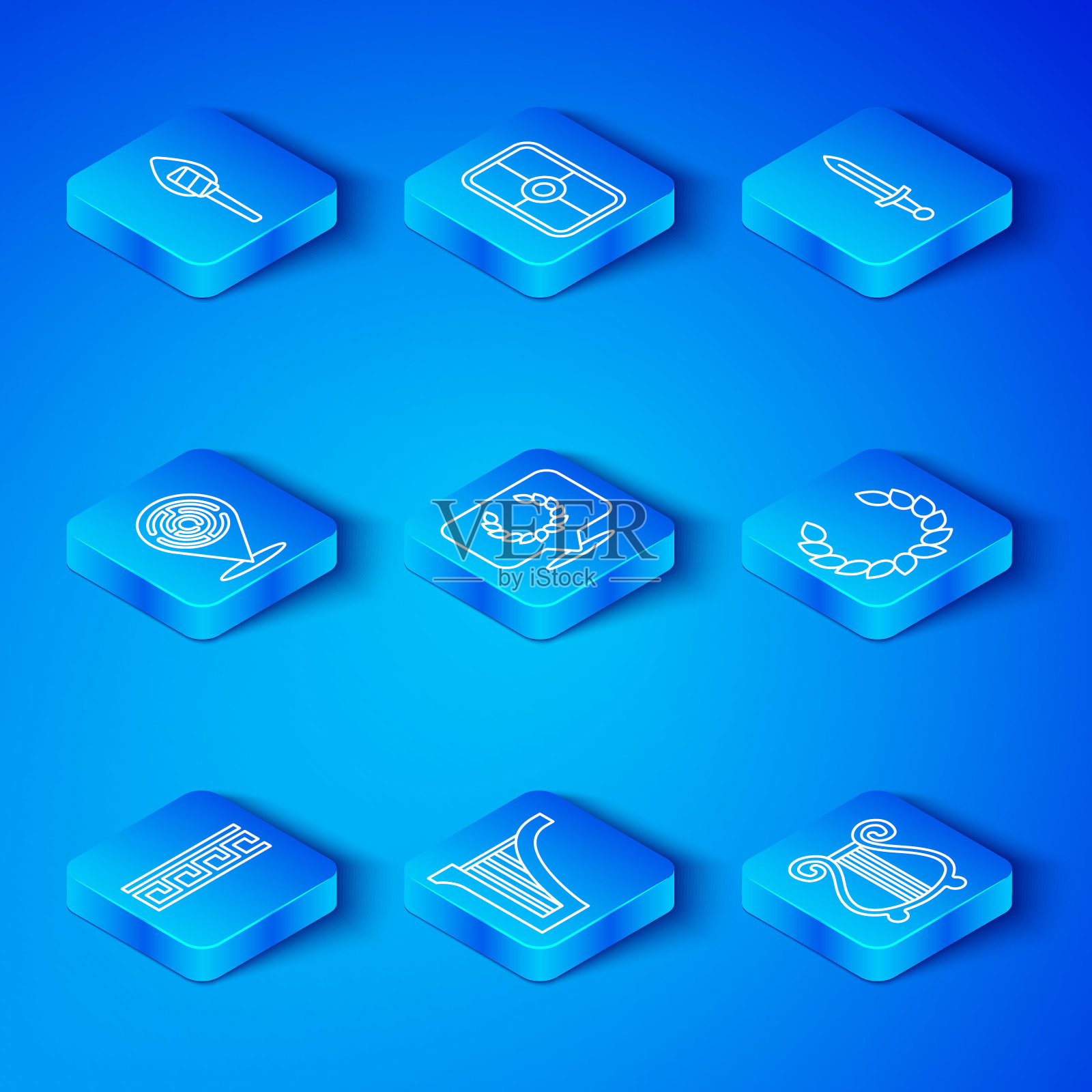 设定线古希腊图案，月桂花环，竖琴，中世纪剑，米诺陶洛斯迷宫，火炬火焰和七弦琴图标。向量插画图片素材