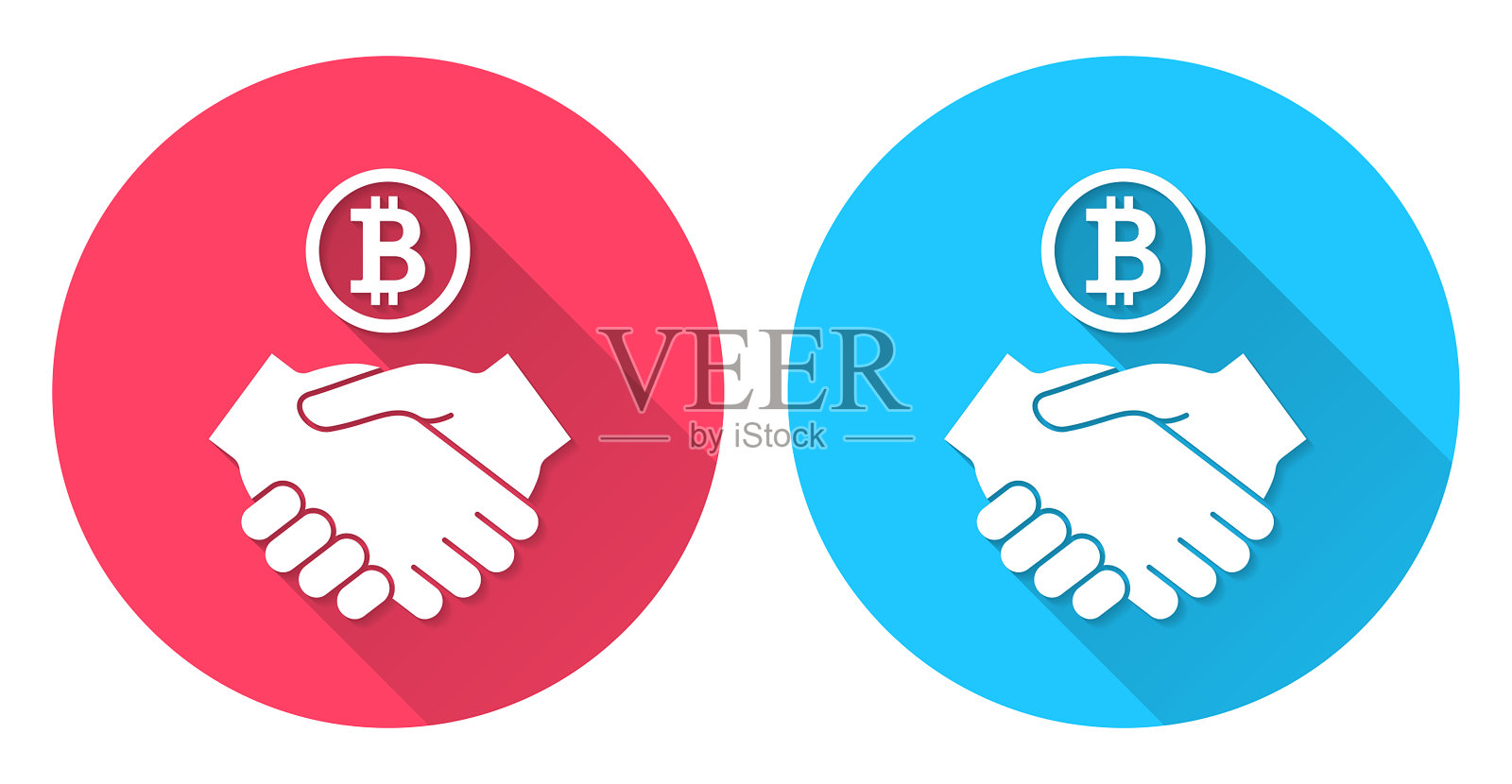 比特币的协议。圆形图标与长阴影在红色或蓝色的背景插画图片素材