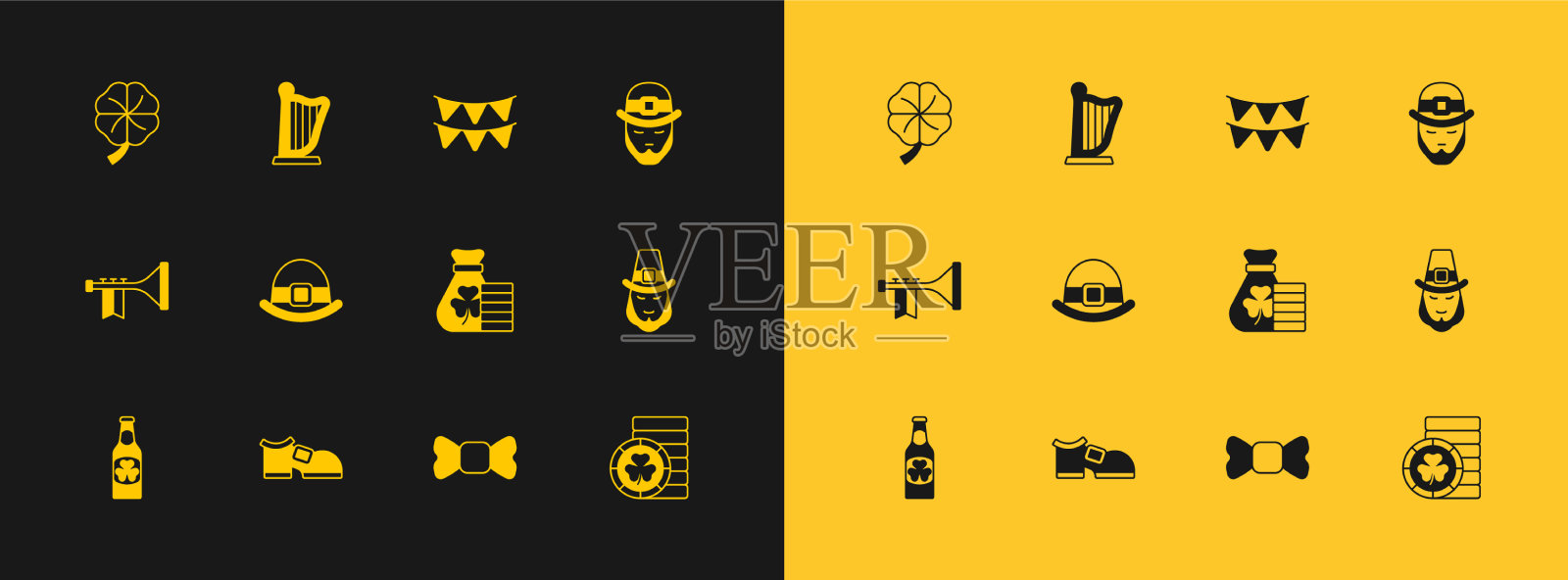 设置小妖精靴子钱袋与三叶草弓插画图片素材