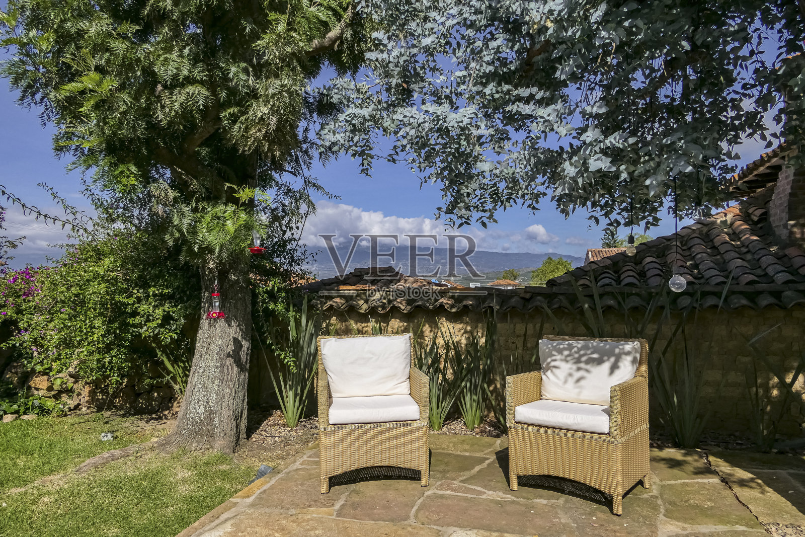 哥伦比亚莱瓦别墅，树下有两张柳条扶手椅的田园式休息区，背景是蓝天白云的山脉照片摄影图片