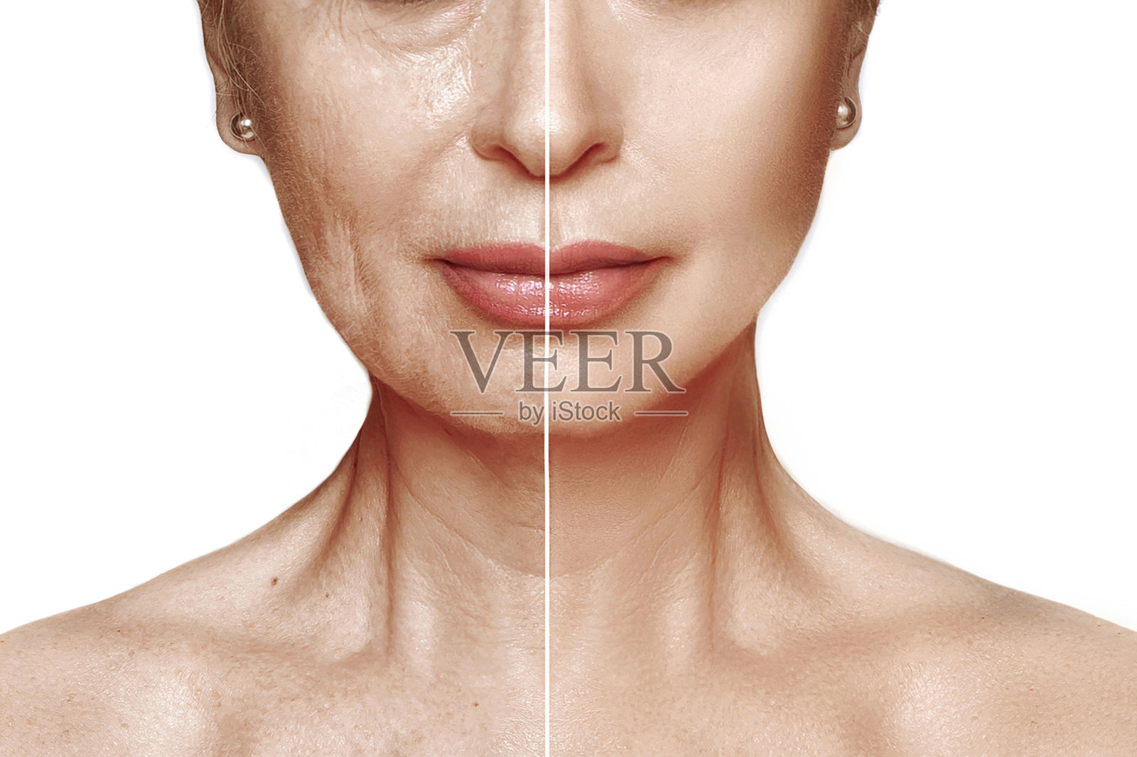 一位女士在脸上和脖子上涂面霜。照片摄影图片