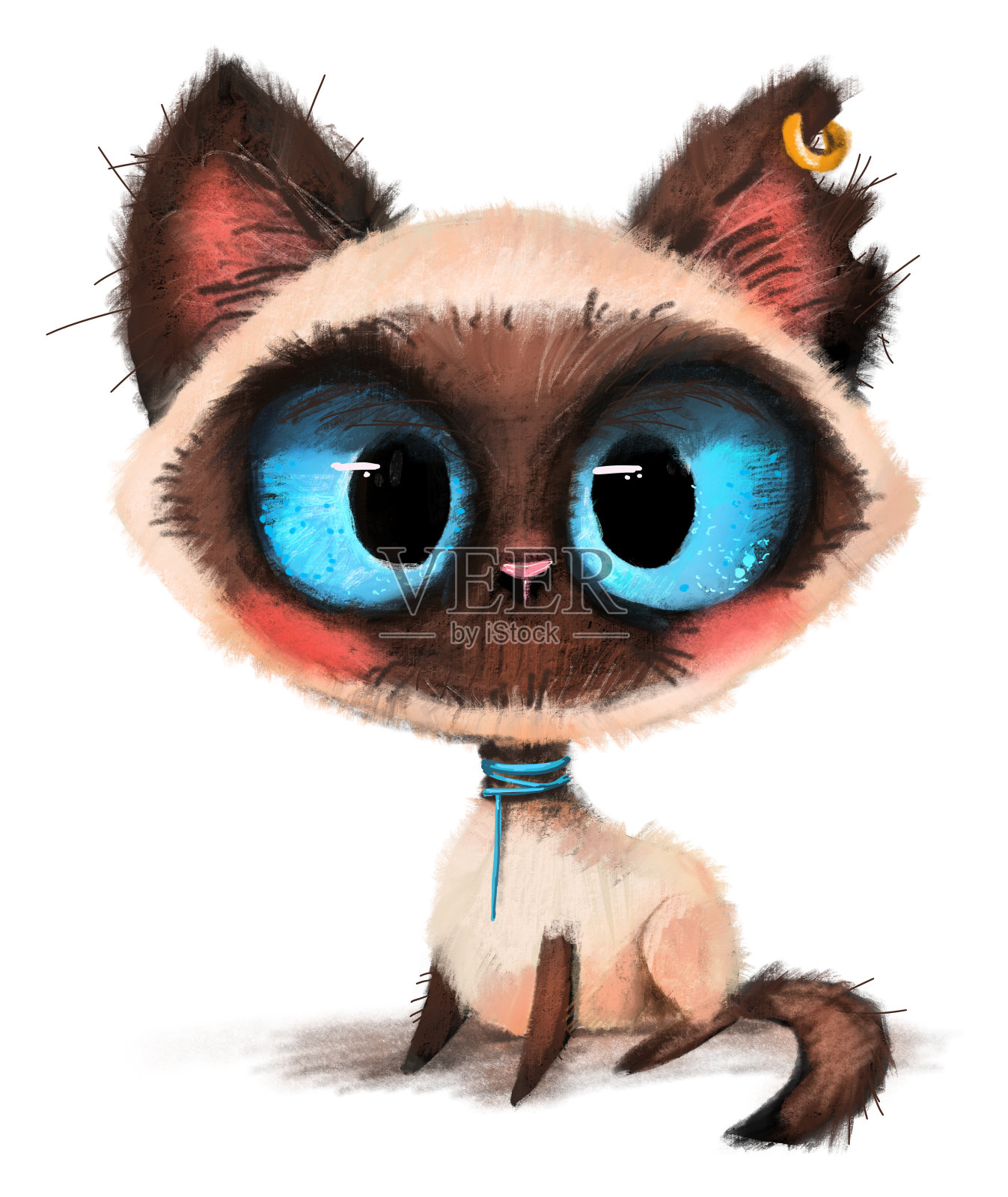 Сute暹罗小猫猫宠物动物家养蓝色大眼睛手绘水彩幼稚的小哺乳动物品种插画图片素材