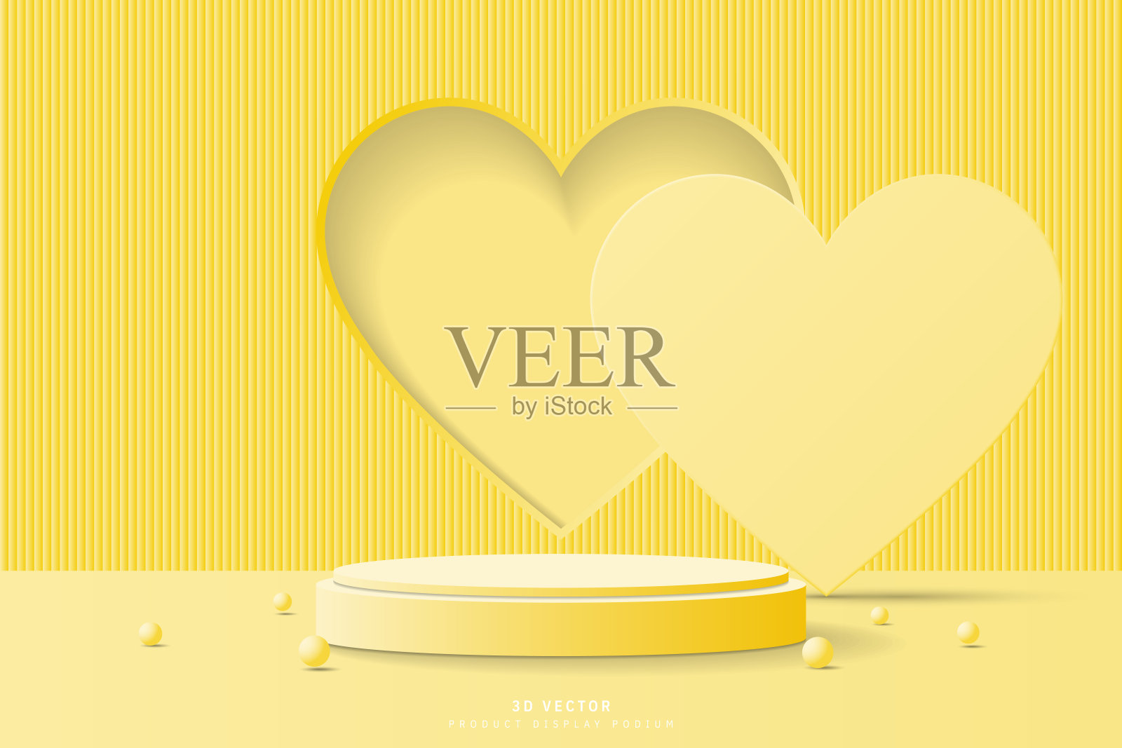 黄色3D圆柱体基座基座与心脏形状的窗口和封面背景，球形球现实。情人节现场进行促销和宣传产品。三维矢量几何平台设计插画图片素材