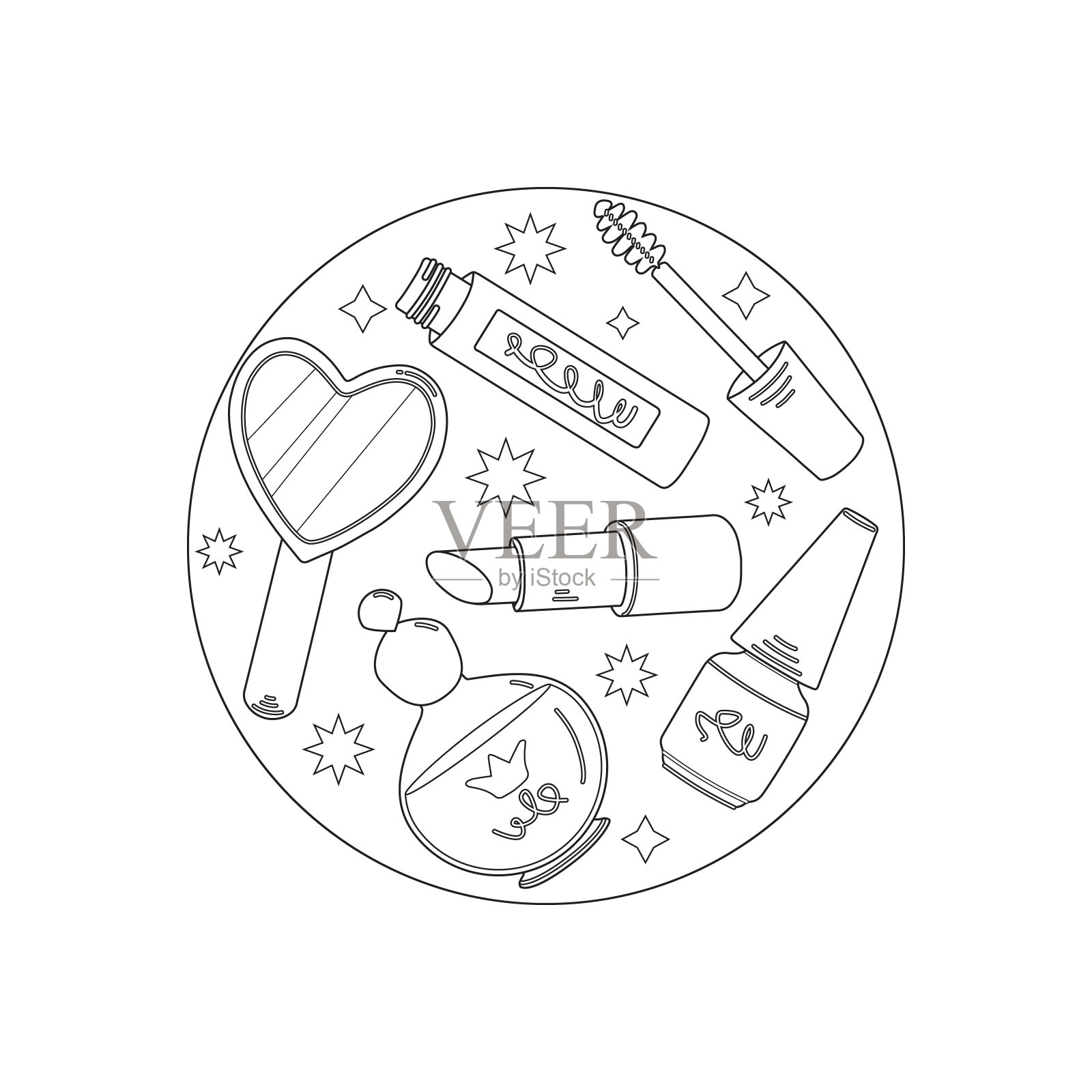 彩绘本里有化妆化妆品、口红、香水、睫毛膏、镜子。黑色轮廓，卡通风格的素描。矢量插图的儿童。插画图片素材