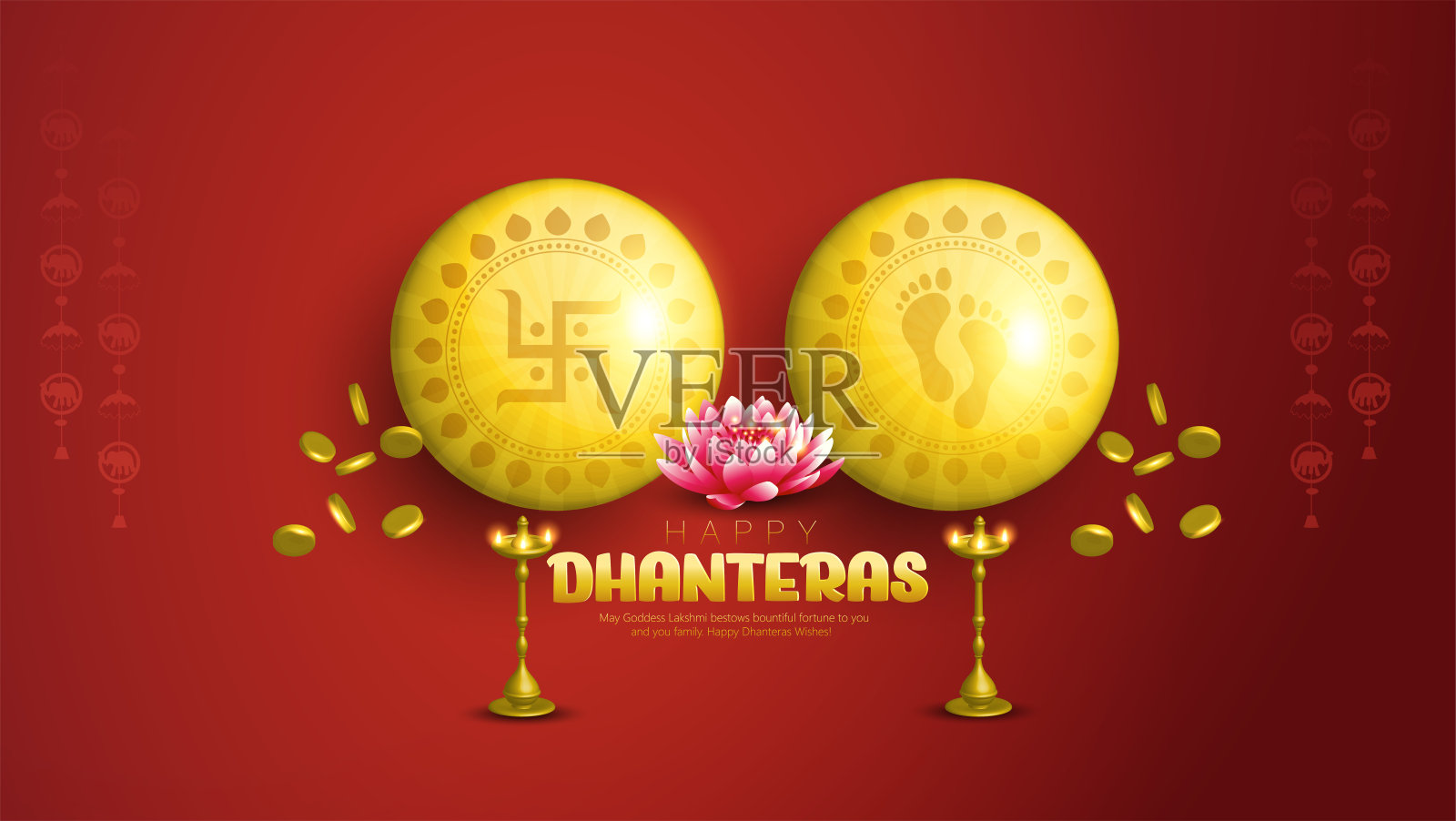 插图的Dhanteras节，快乐排灯节，灯，莲花插画图片素材