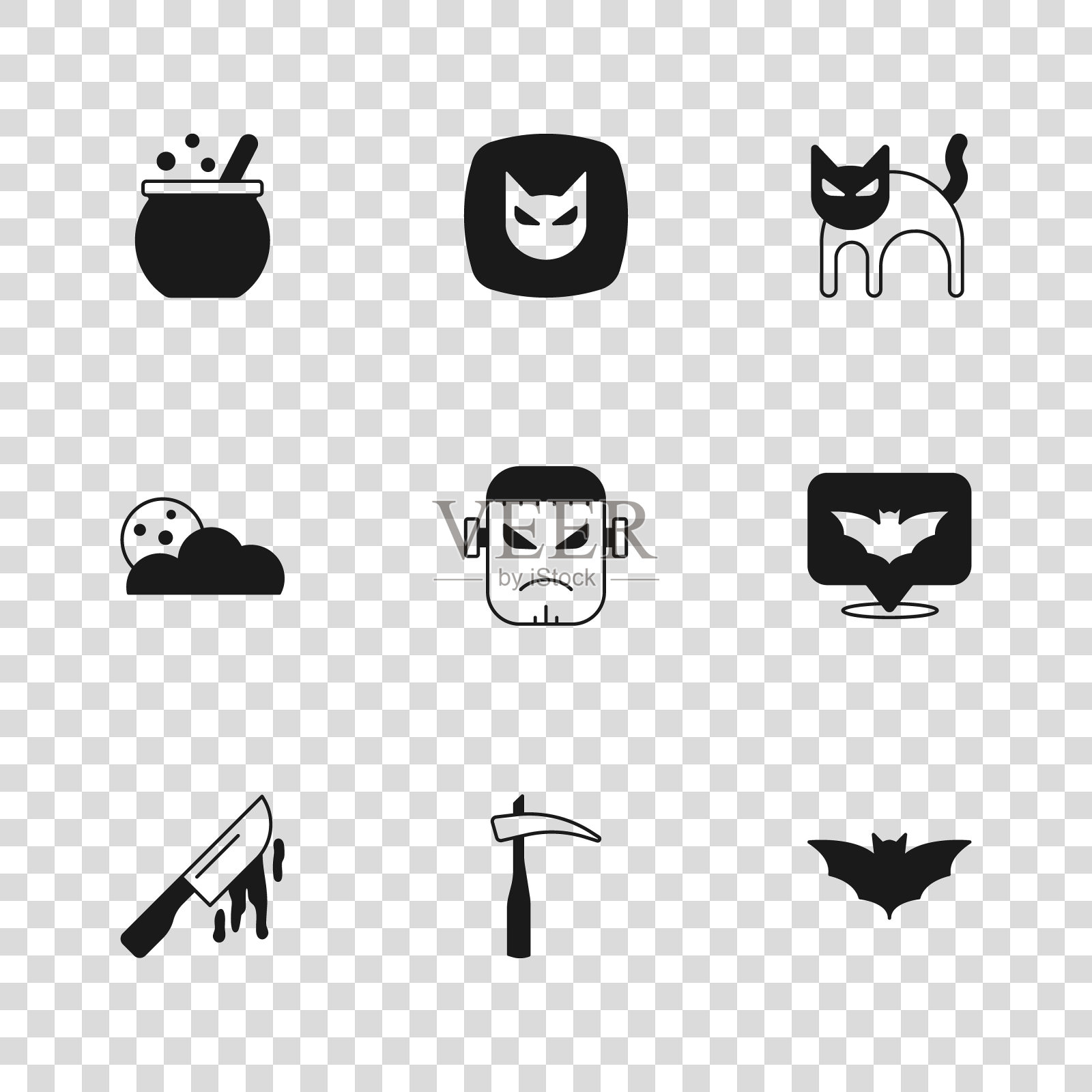 设置镰刀，飞行蝙蝠，弗兰肯斯坦的脸，黑猫，万圣节女巫坩埚，月亮和星星的图标。向量插画图片素材