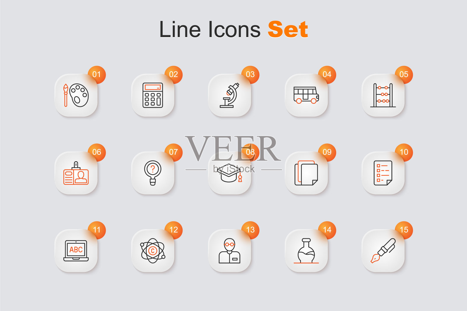 设线钢笔笔尖，试管，教师，原子，笔记本电脑，带检查表的剪贴板，文件文档和毕业帽图标。向量插画图片素材