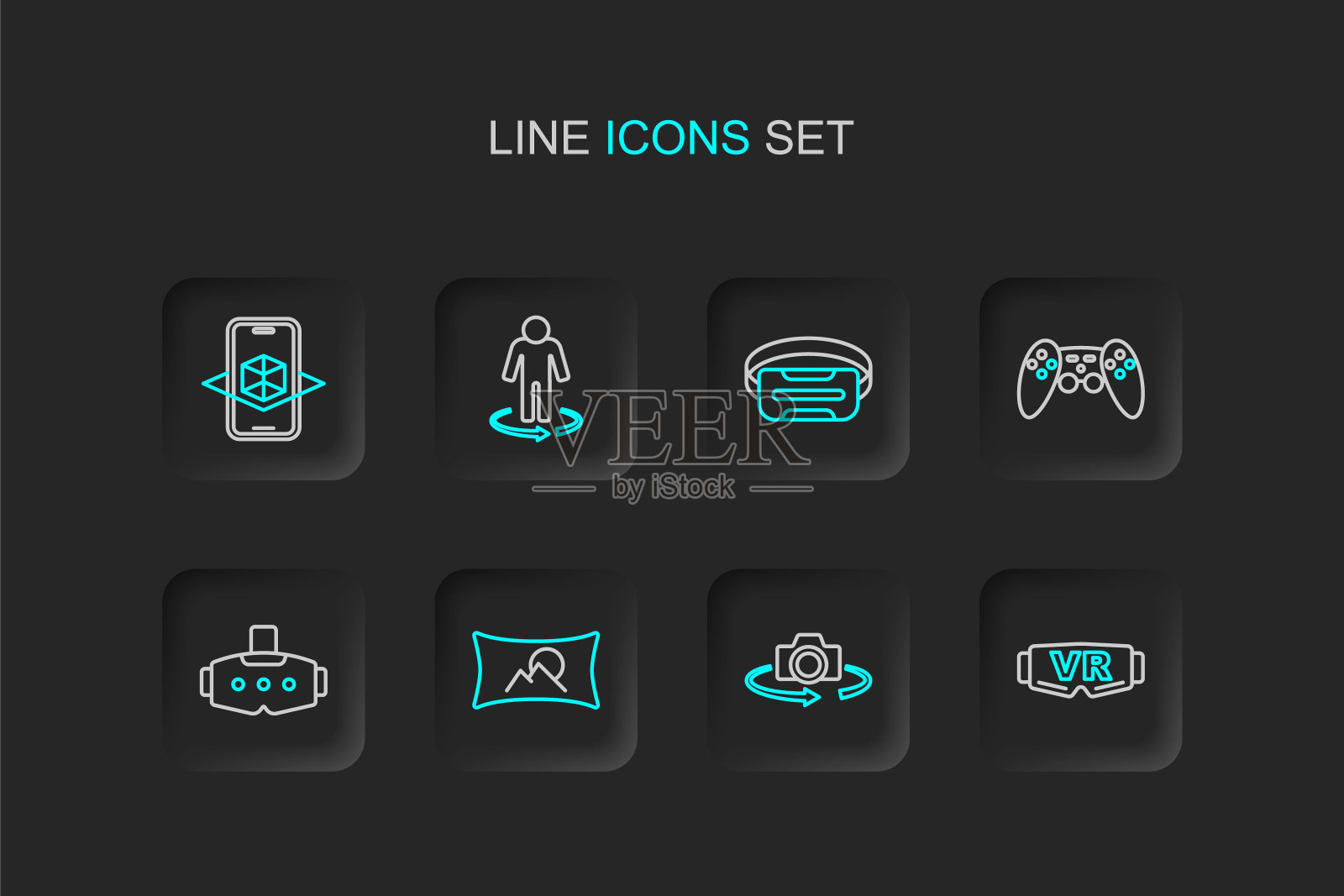 虚拟现实眼镜，360度视角，广角画面，手柄，3d建模和图标。向量插画图片素材