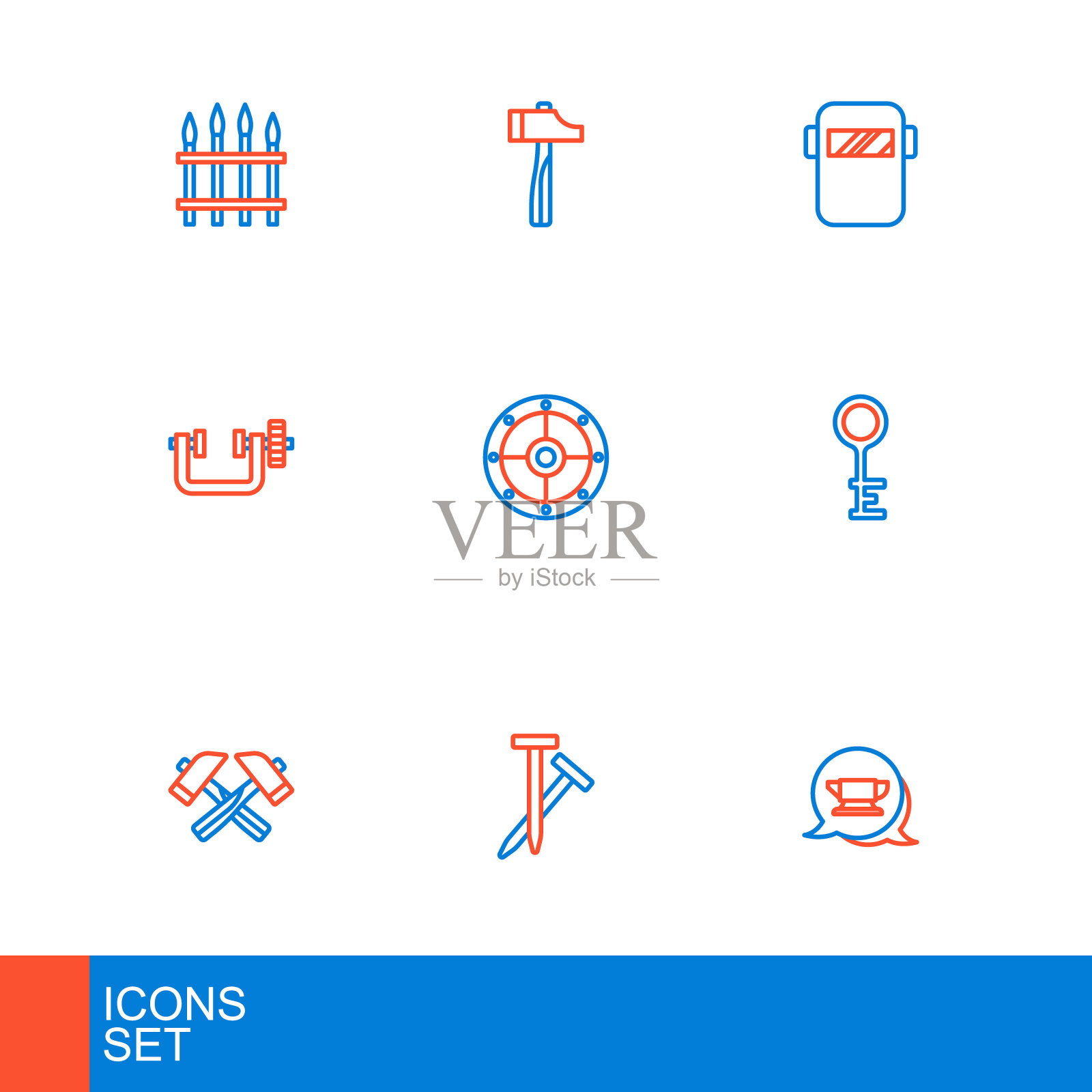 集线铁匠铁砧工具，金属钉子，十字锤，旧钥匙，夹具和螺丝，圆形屏蔽，焊接面罩和锤子图标。向量插画图片素材