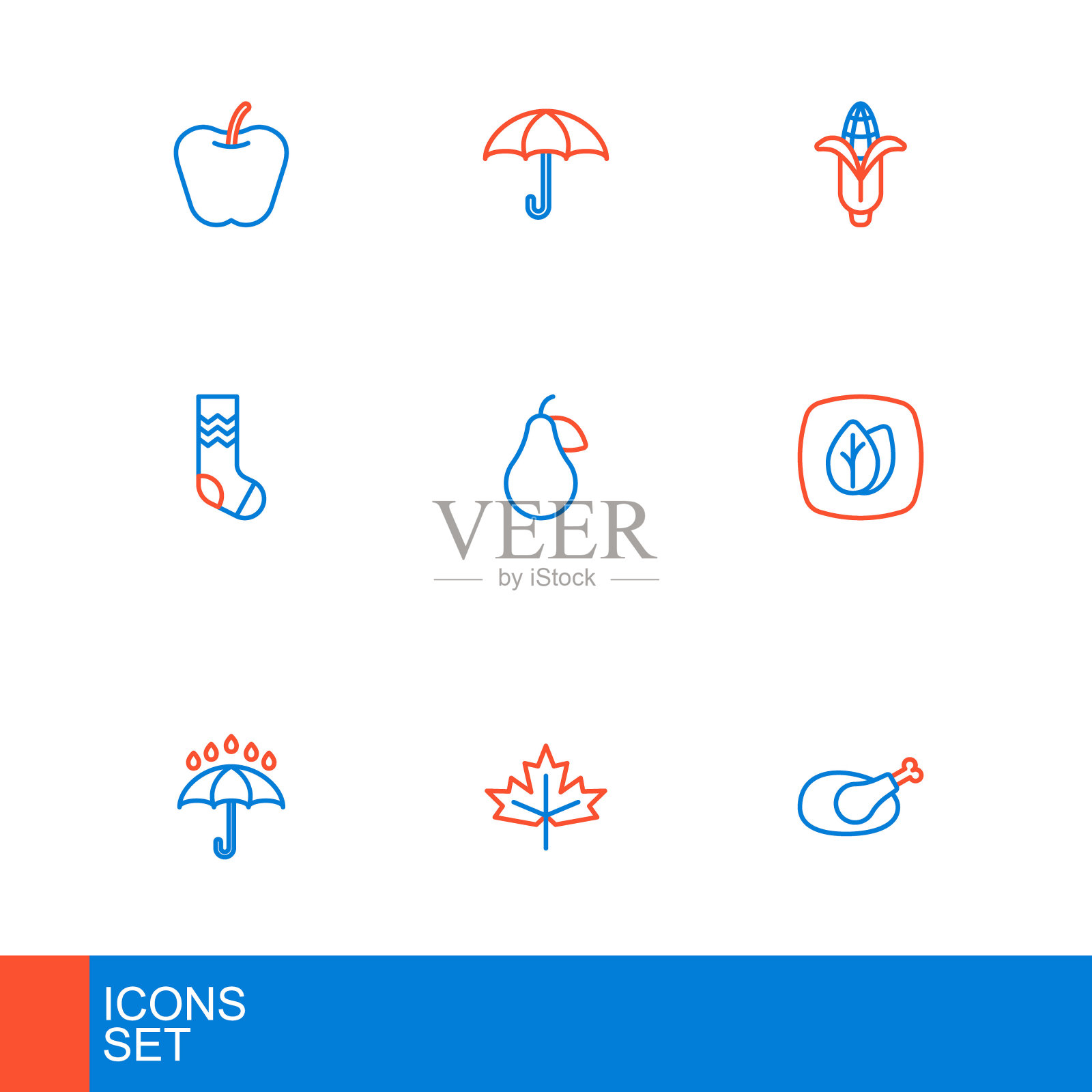 集线烤火鸡或鸡，加拿大枫叶，伞和雨滴，树叶，袜子，梨，玉米和图标。向量插画图片素材