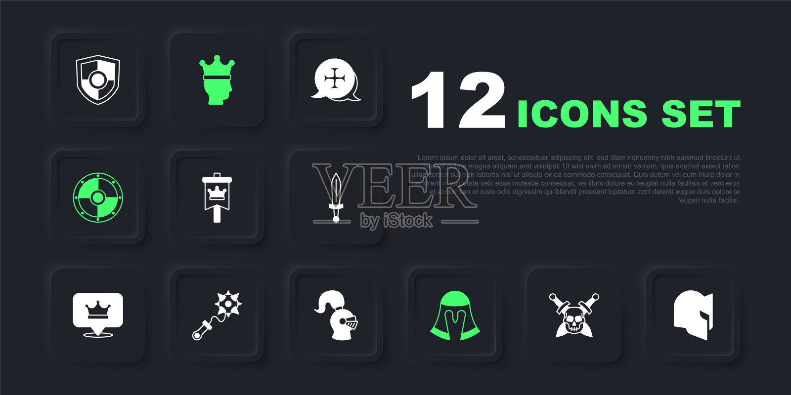 设置骷髅与剑，中世纪头盔，旗帜，圆盾，狼牙棒钉，国王王冠和图标。向量插画图片素材